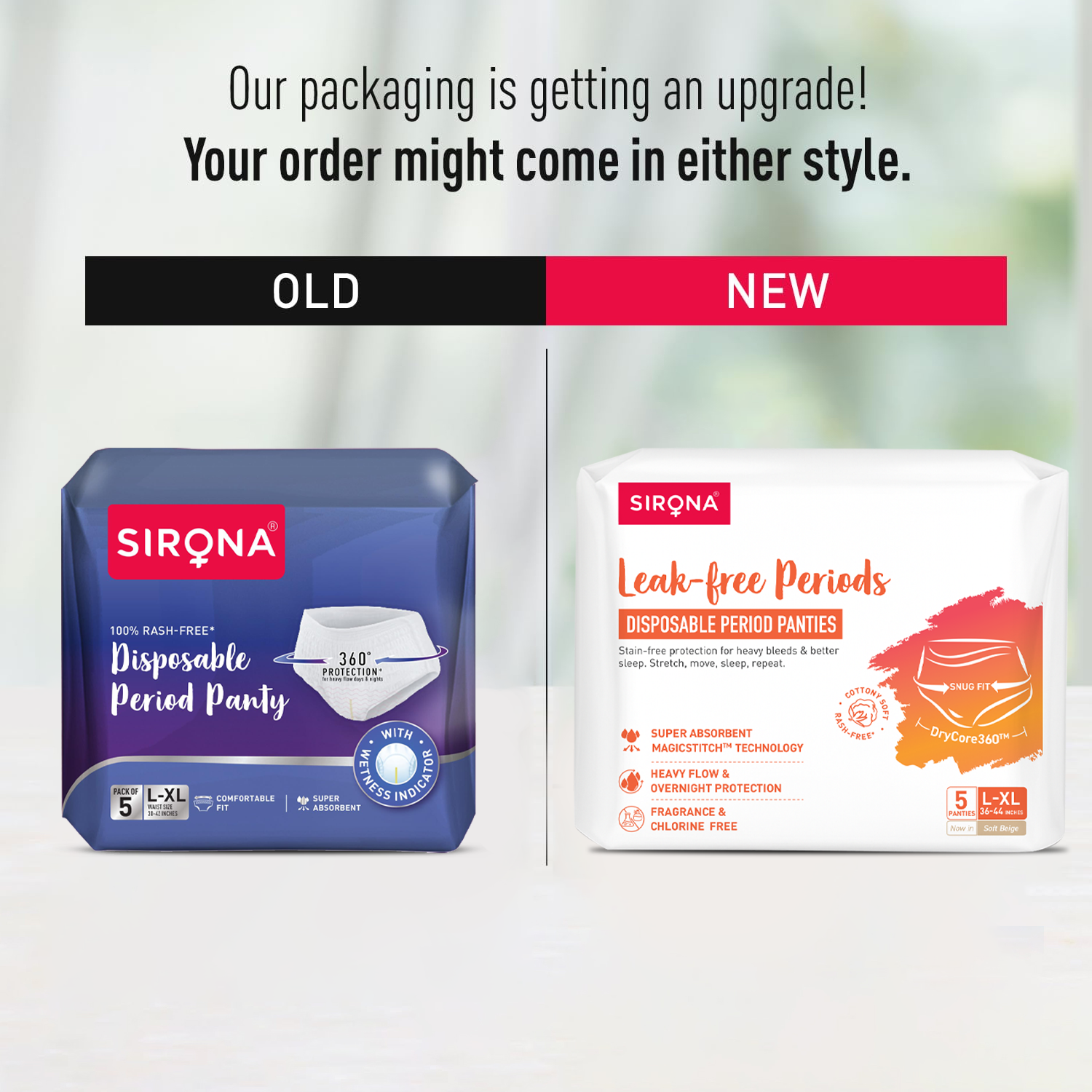 Comparison of Sirona disposable period panty packaging with text about packaging upgrade