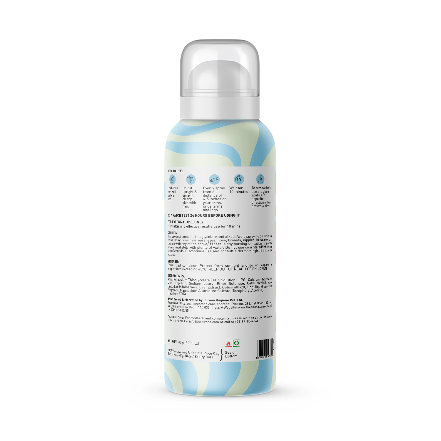 Sirona Hair Removal Spray Foam with Aloe Vera Extracts and Lemongrass Fragrance | For Legs, Arms & Underarms | Removes Hair in 10 Minutes | Parabens Free | Dermatologically Tested | 80 ml