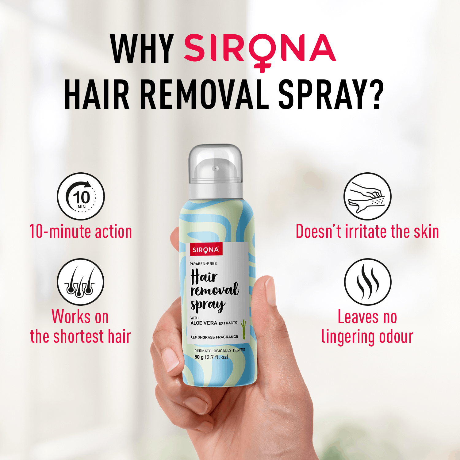 Sirona Hair Removal Spray Foam with Aloe Vera Extracts and Lemongrass Fragrance | For Legs, Arms & Underarms | Removes Hair in 10 Minutes | Parabens Free | Dermatologically Tested | 80 ml