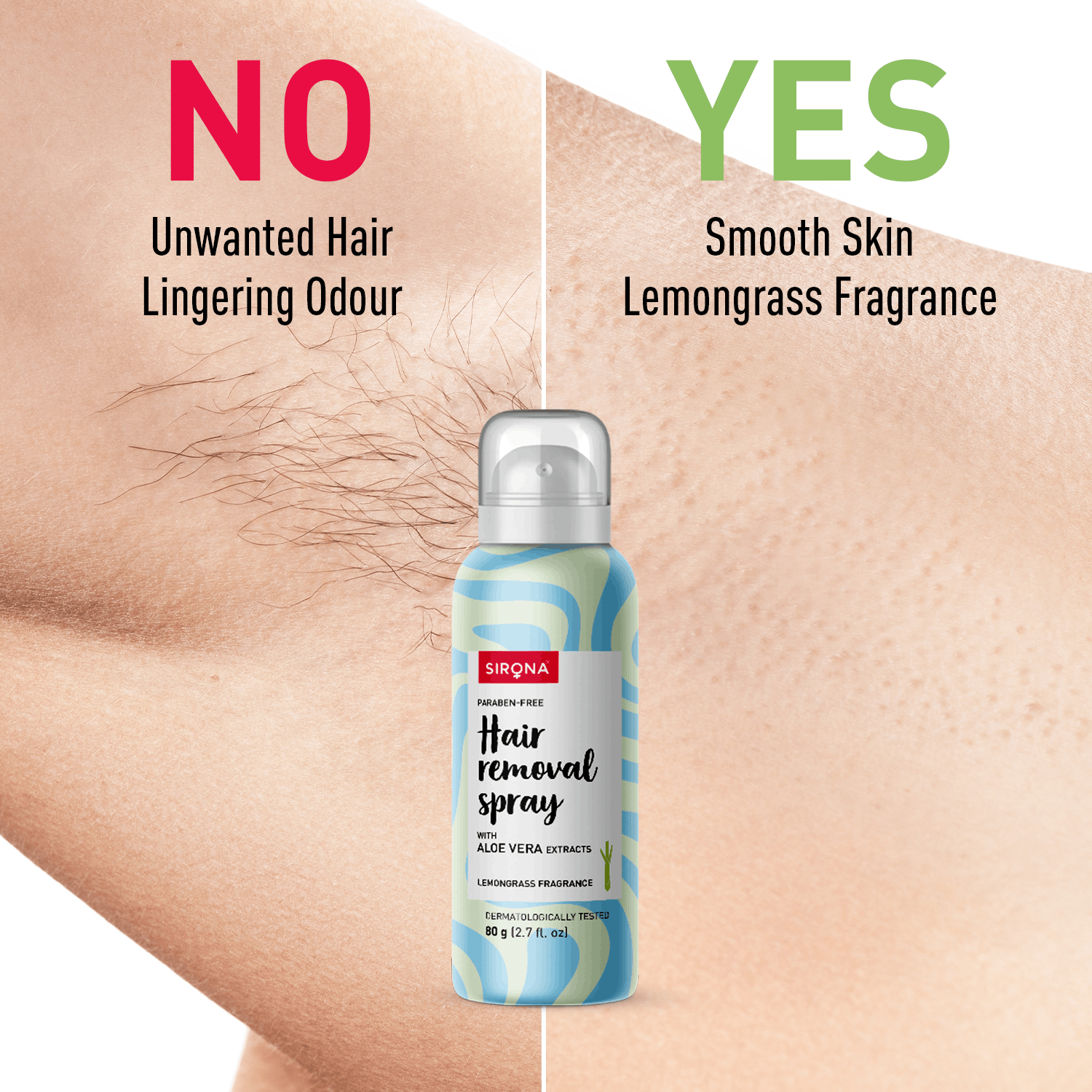 Sirona Hair Removal Spray Foam with Aloe Vera Extracts and Lemongrass Fragrance | For Legs, Arms & Underarms | Removes Hair in 10 Minutes | Parabens Free | Dermatologically Tested | 80 ml