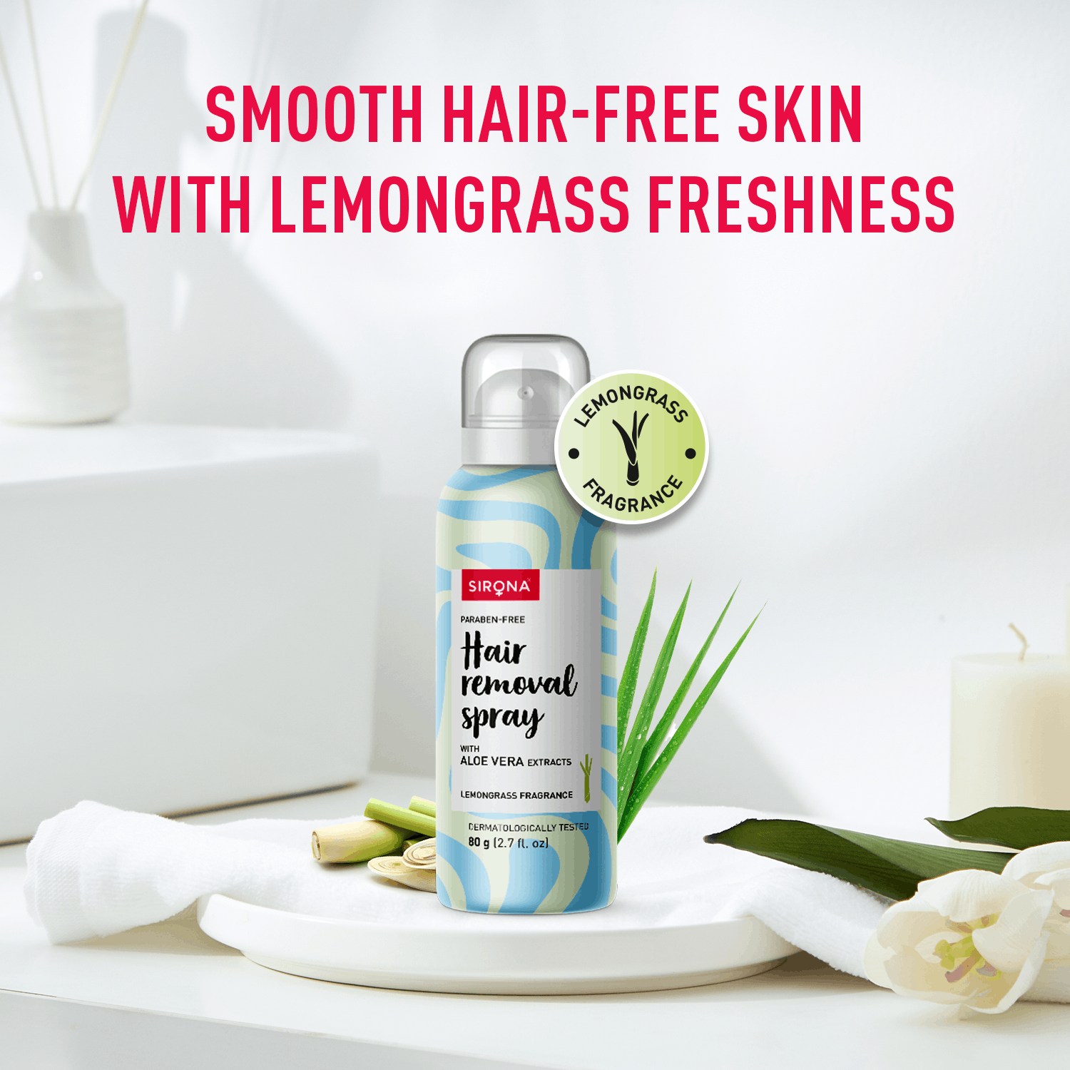 Sirona Hair Removal Spray Foam with Aloe Vera Extracts and Lemongrass Fragrance | For Legs, Arms & Underarms | Removes Hair in 10 Minutes | Parabens Free | Dermatologically Tested | 80 ml