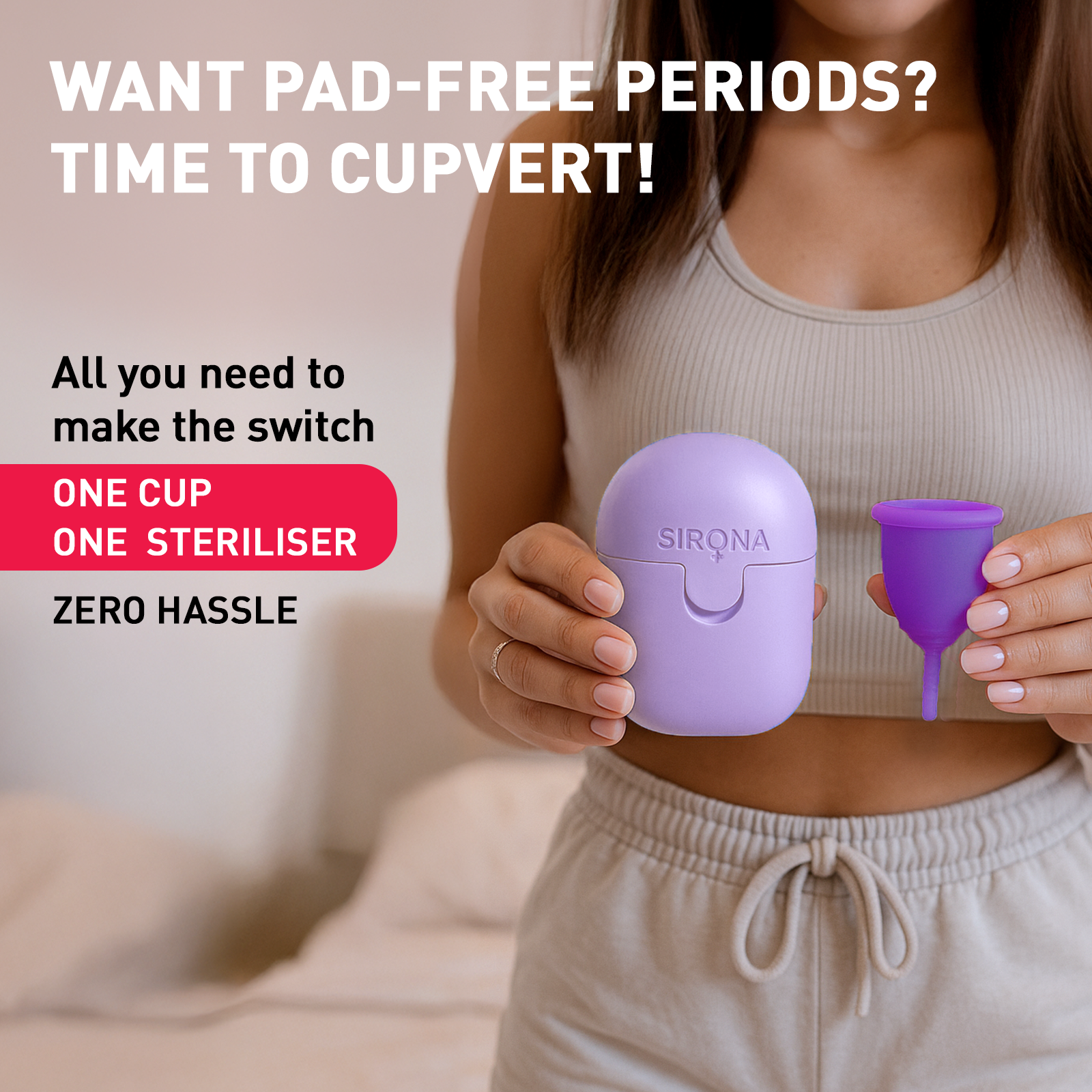Person holding a purple menstrual cup and its case with promotional text about Sirona products