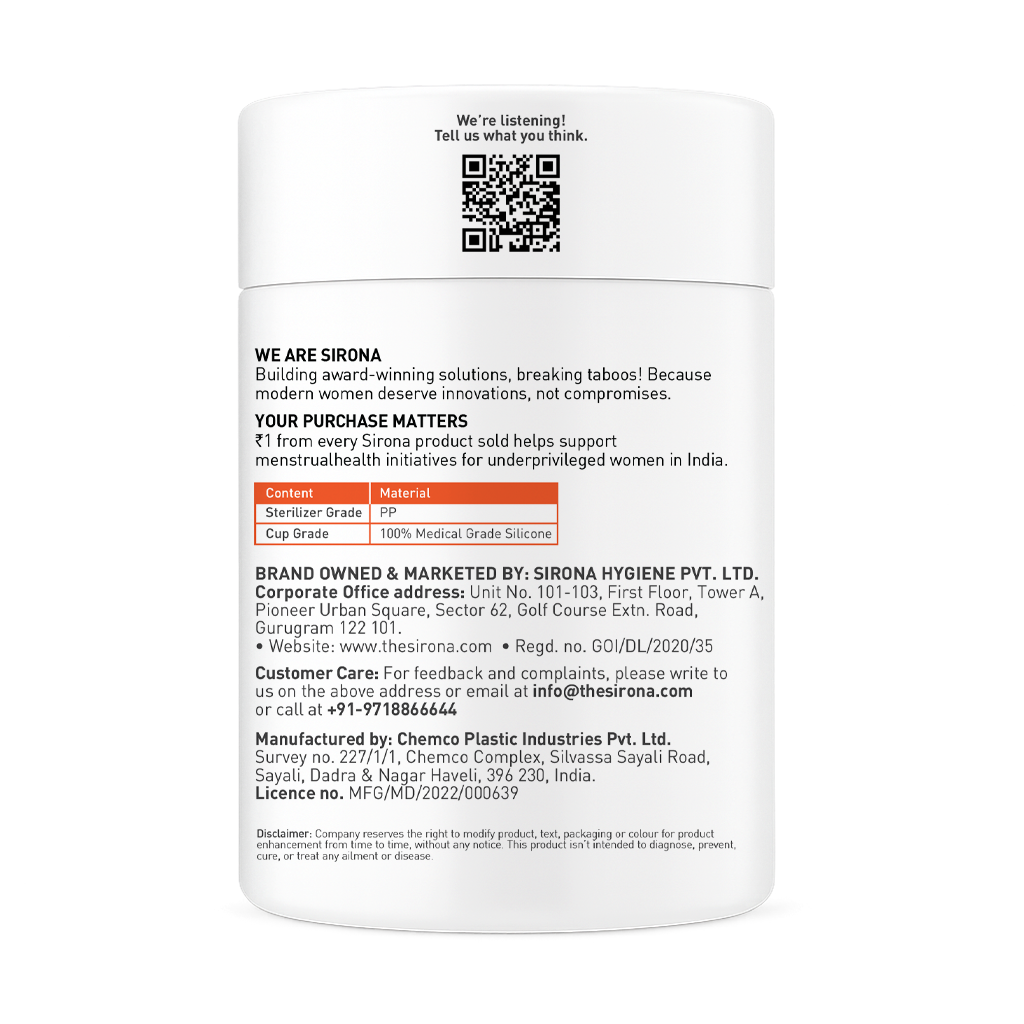 Back label of a Sirona product container with text and QR code on a white background