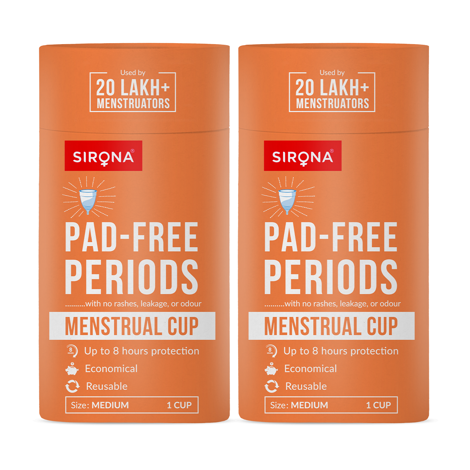 Two orange containers of Sirona menstrual cup packaging on a white background