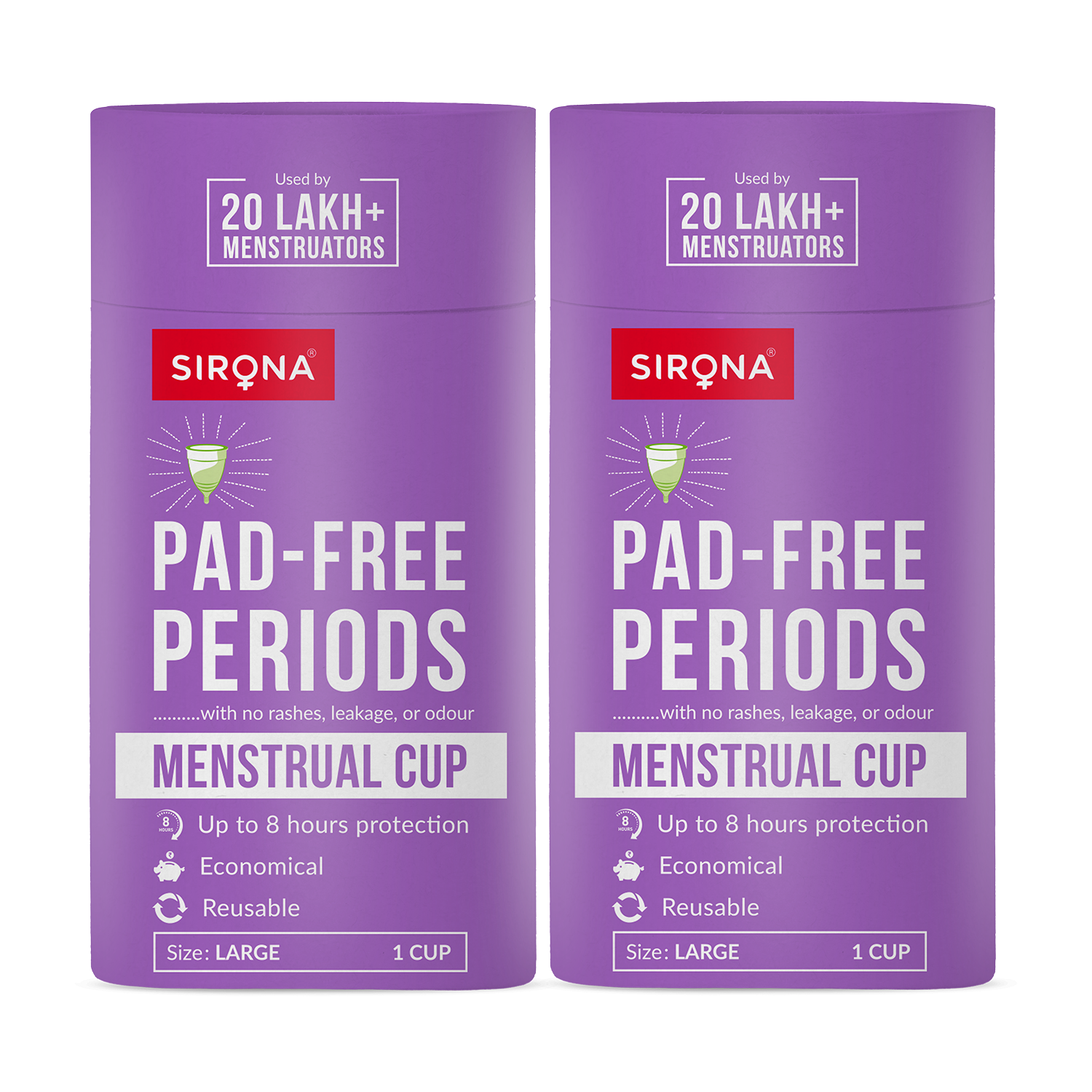 Two purple packages of Sirona menstrual cup with text on a white background