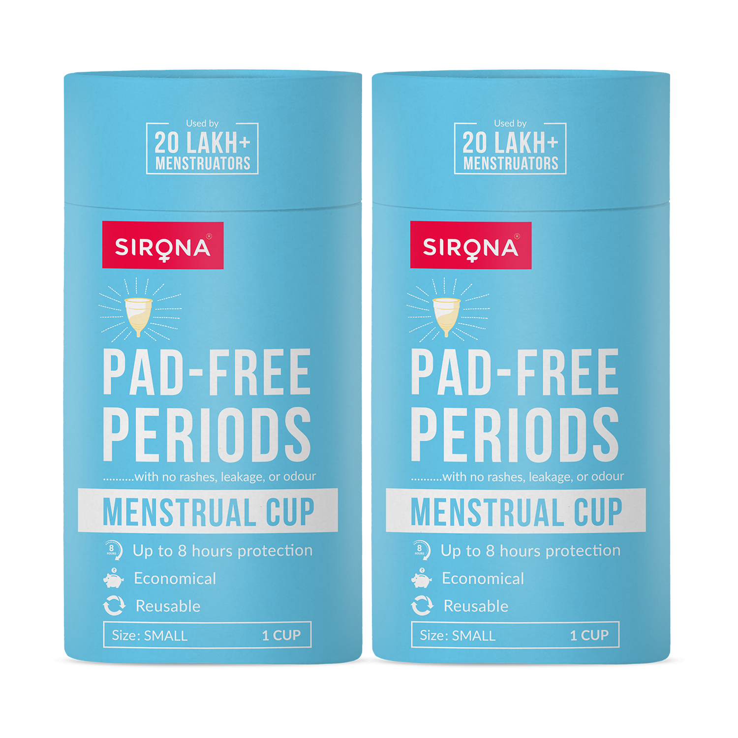 Two blue containers of Sirona menstrual cups on a white background