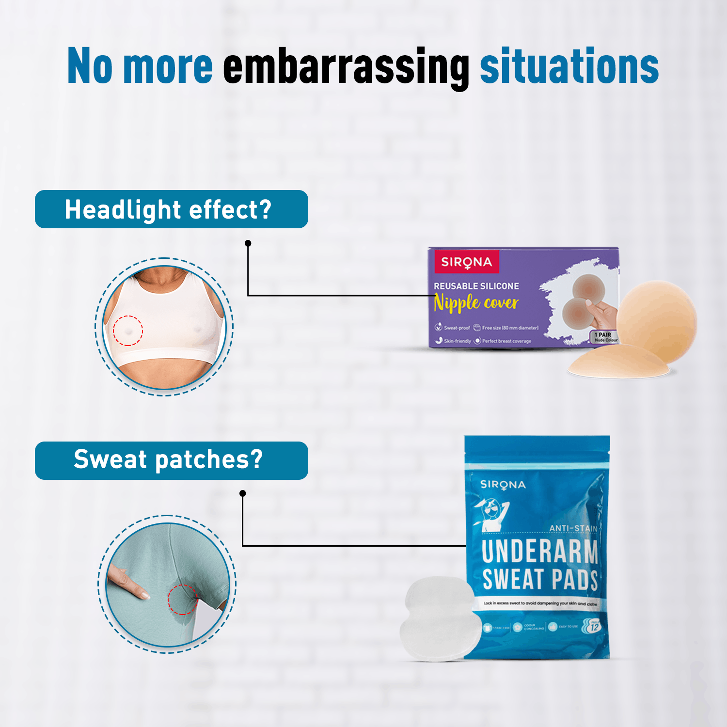 Sirona No Embarrassment Duo | Underarm Sweat Pads, Reusable Silicone Nipple Covers, Fabric & Skin Friendly