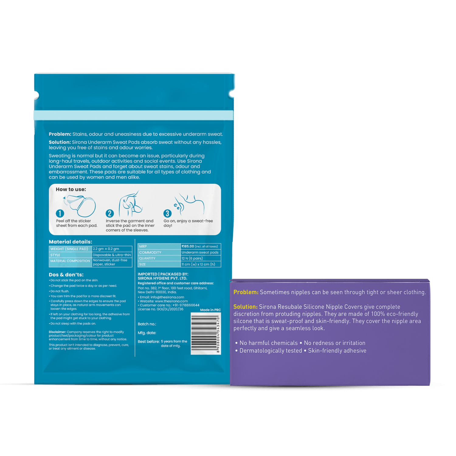 Sirona No Embarrassment Duo | Underarm Sweat Pads, Reusable Silicone Nipple Covers, Fabric & Skin Friendly