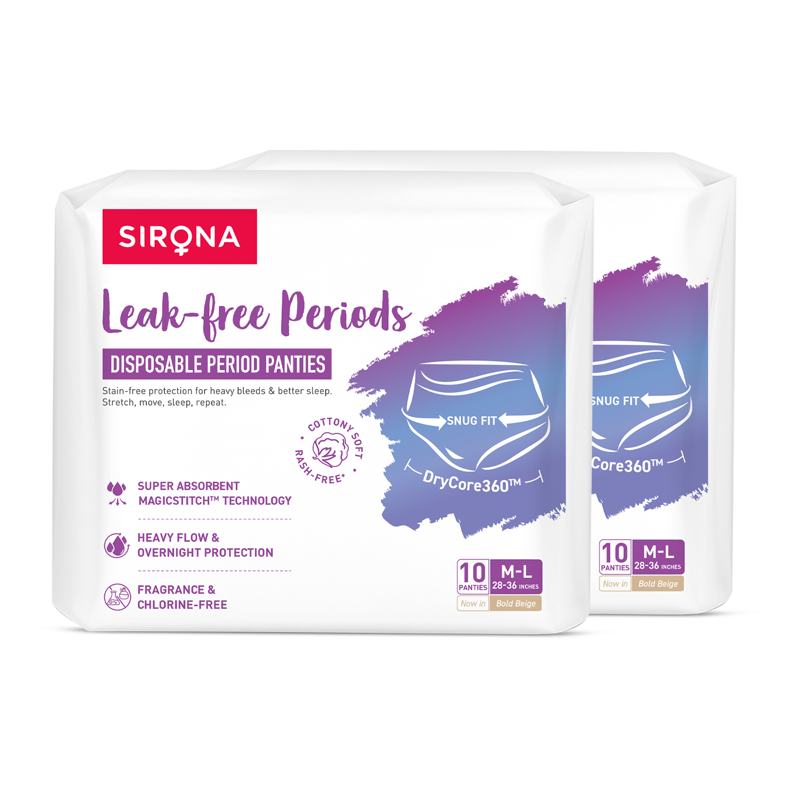 Sirona disposable period panties packaging on a white background