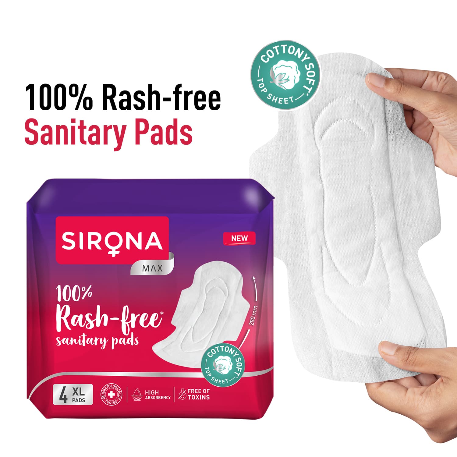 100% Rash Free Sanitary Pads for Women (XL) | 4 Pads For Heavy Flow, Cottony Soft Top Sheet, Leakproof, Toxin Free Napkin