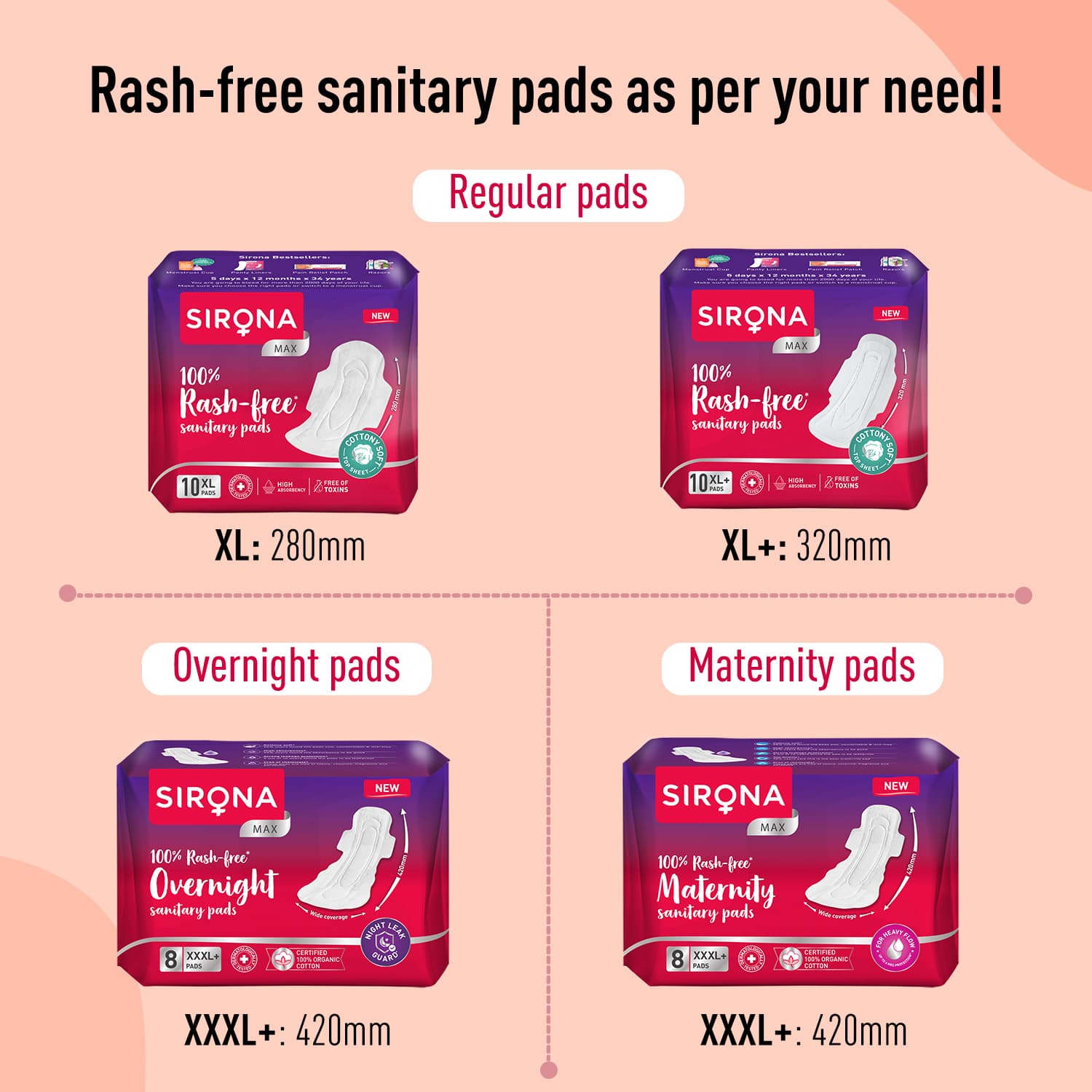 100% Rash Free Sanitary Pads for Women (XL) | 4 Pads For Heavy Flow, Cottony Soft Top Sheet, Leakproof, Toxin Free Napkin
