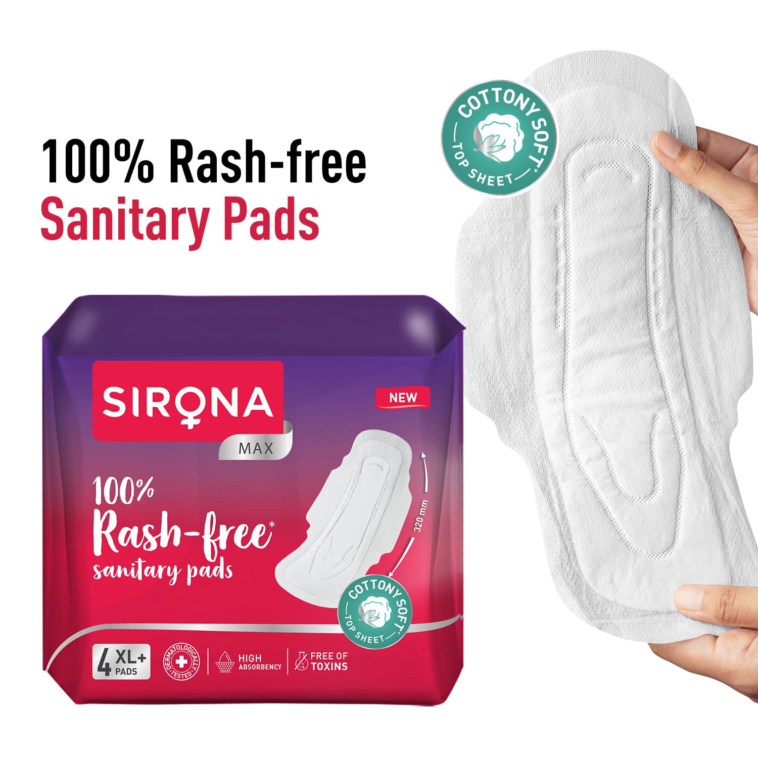 100% Rash Free Sanitary Pads for Women (XL+) | 4 Disposable Pads For Heavy Flow, Cottony Soft Top Sheet, Leakproof, Toxin Free Napkin