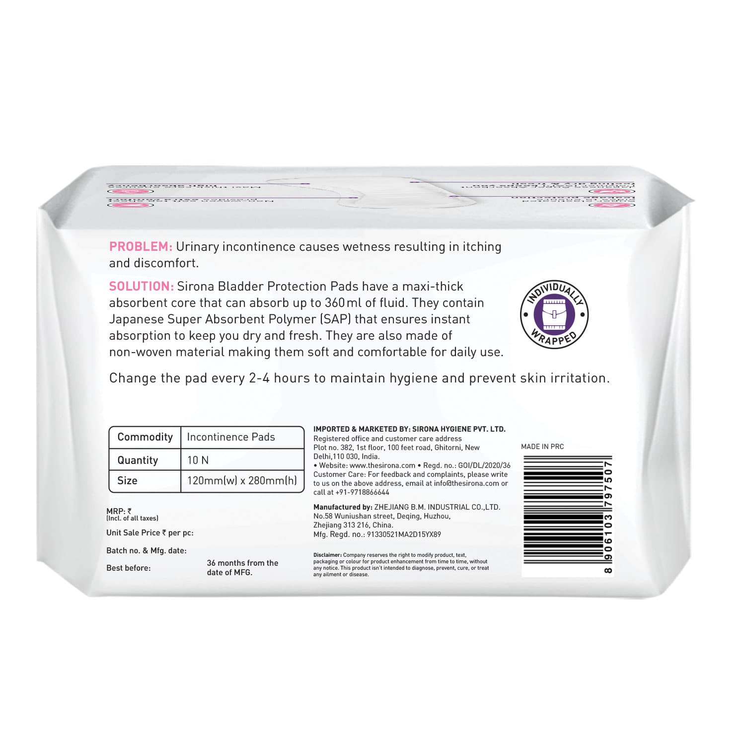 Sirona Bladder Protection Incontinence Pads | Best Urinary Incontinence Pads, Japanese Super Absorbent Polymer, Leakproof & Toxin Free