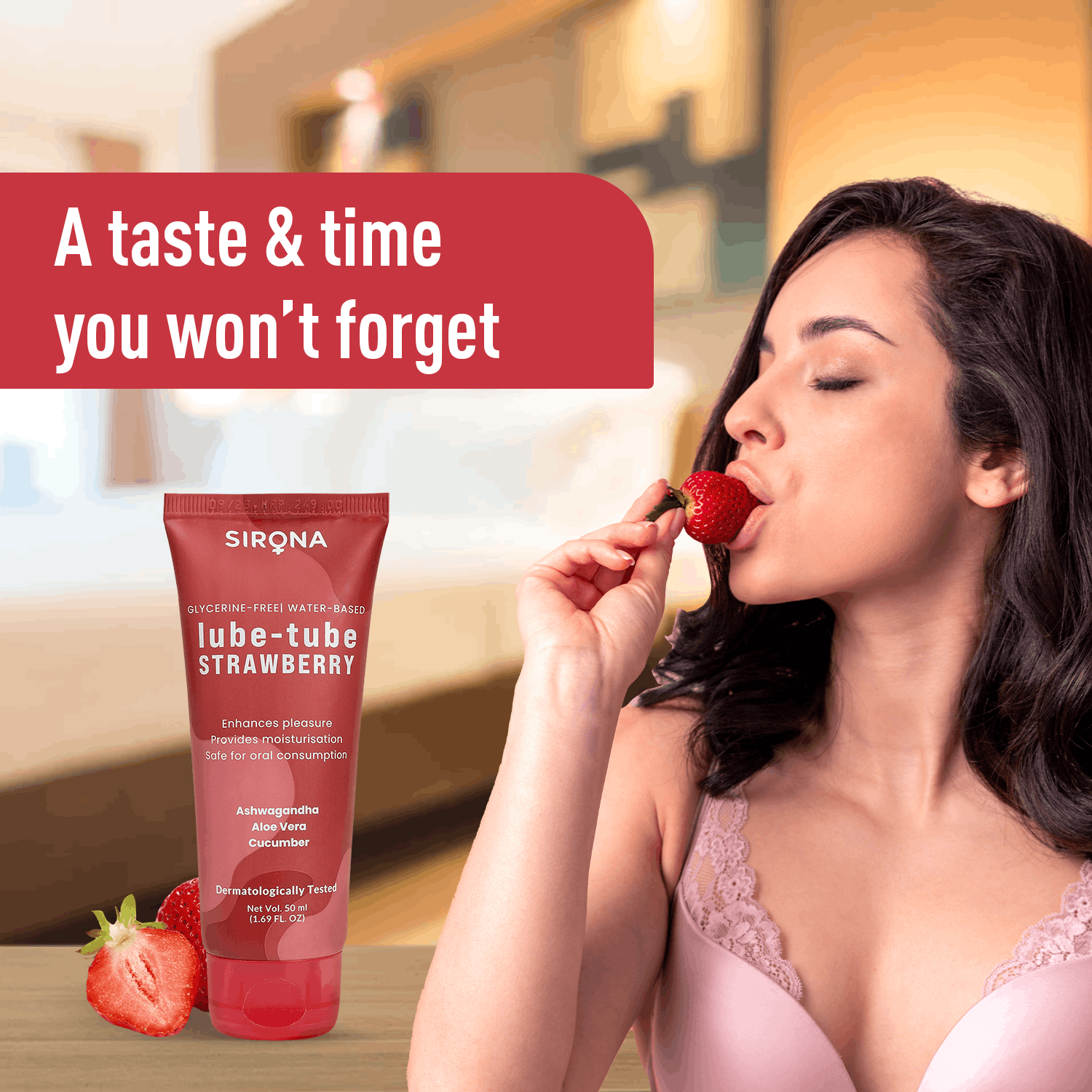 Sirona Lube Tube Strawberry Flavour | Water-based Lube for Ph Balance | Personal Lube for Sensual Massage & Lubrication, Glycerine Free - 50ml