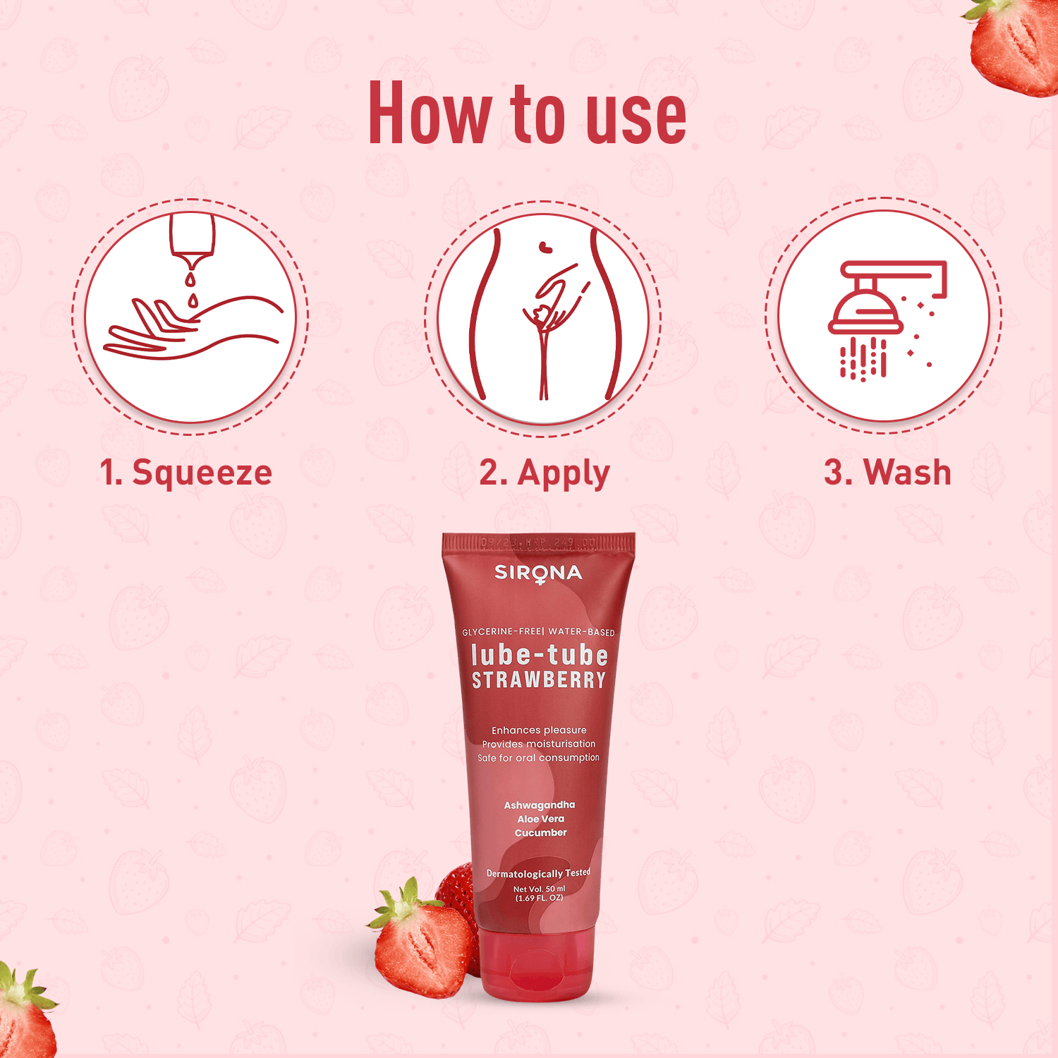 Sirona Lube Tube Strawberry Flavour | Water-based Lube for Ph Balance | Personal Lube for Sensual Massage & Lubrication, Glycerine Free - 50ml