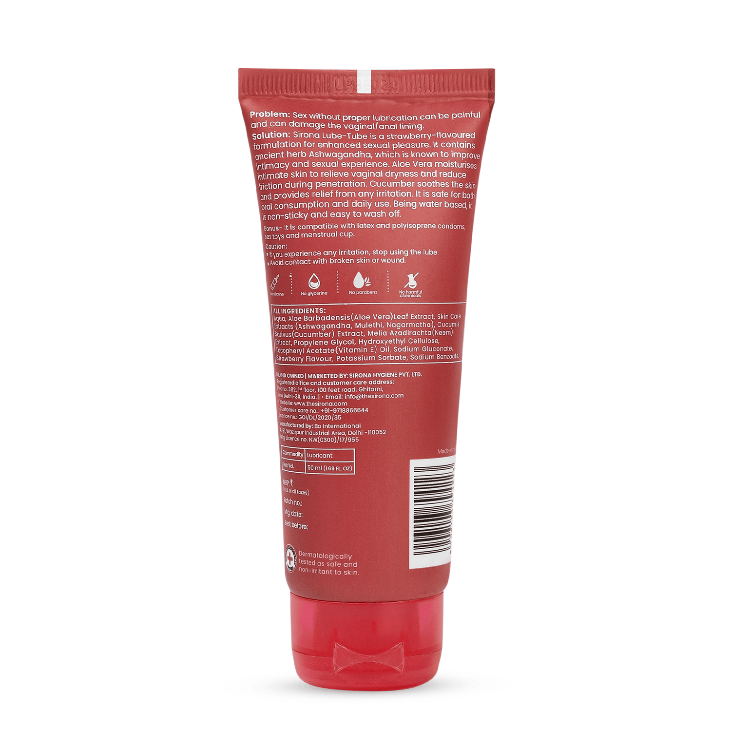 Sirona Lube Tube Strawberry Flavour | Water-based Lube for Ph Balance | Personal Lube for Sensual Massage & Lubrication, Glycerine Free - 50ml