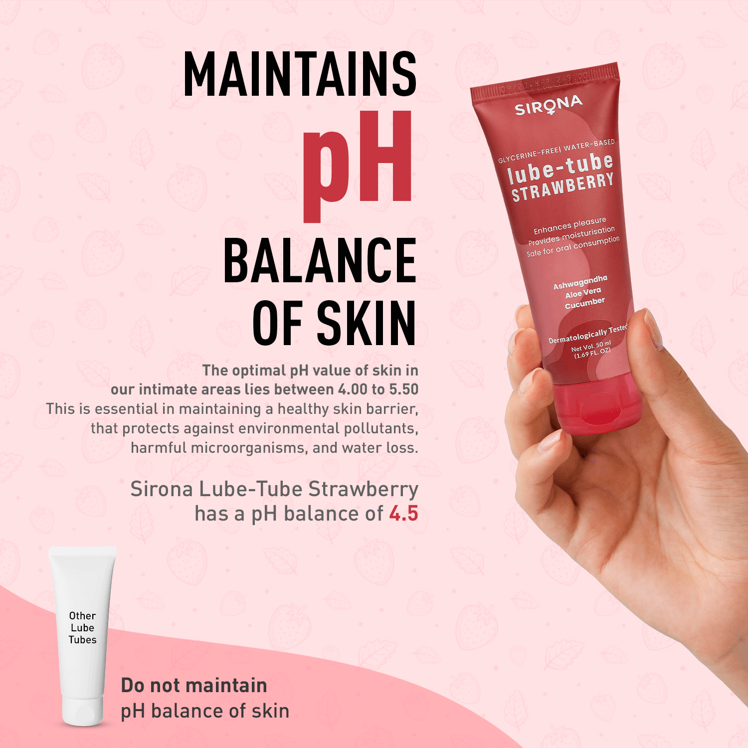 Sirona Lube Tube Strawberry Flavour | Water-based Lube for Ph Balance | Personal Lube for Sensual Massage & Lubrication, Glycerine Free - 50ml