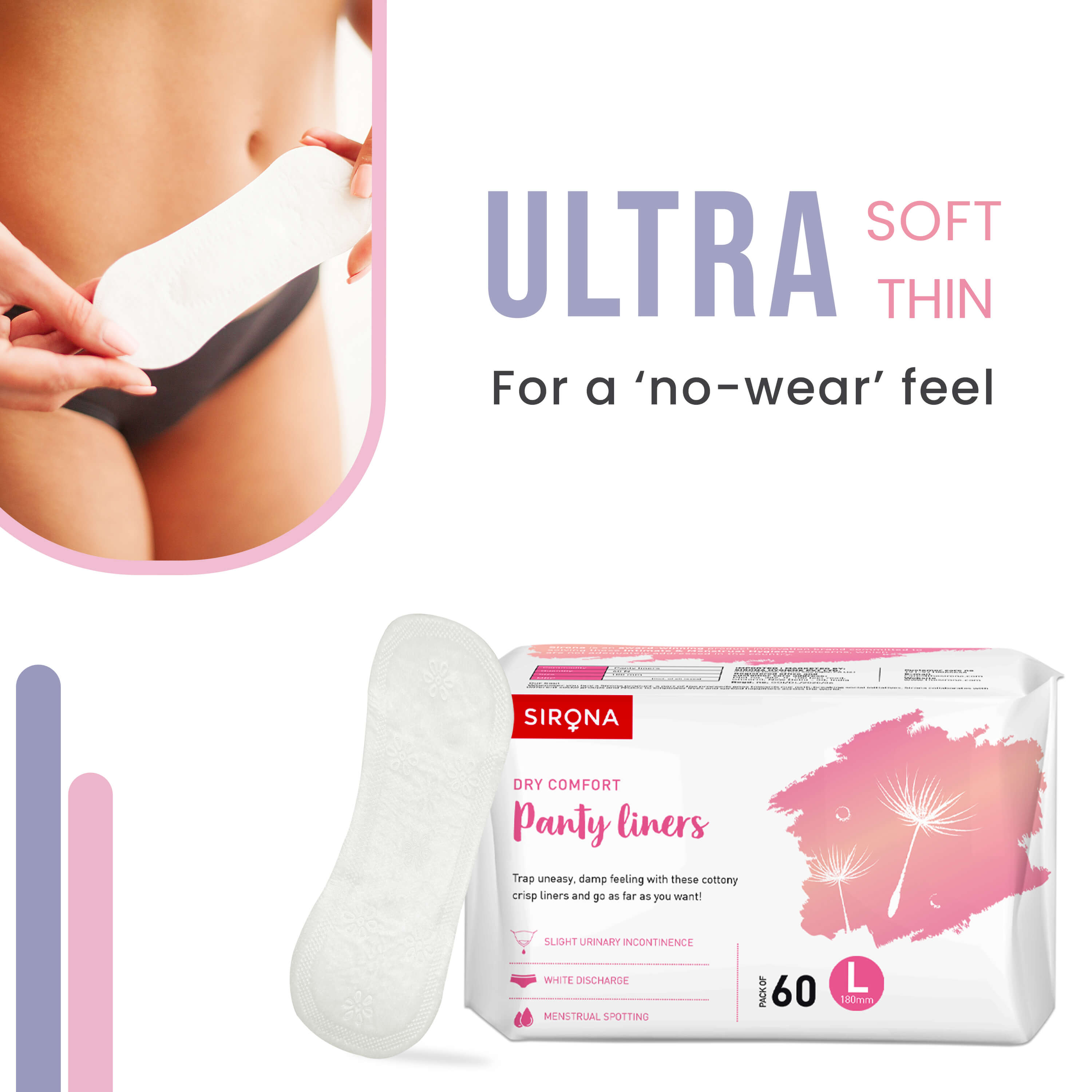 Sirona Ultra-Thin Panty Liners - Large | Panty Liner Pads for Women, Toxin Free, Leak proof, Up to 8 Hr Protection, G.O.T.S. Certified - (Pack of 60)