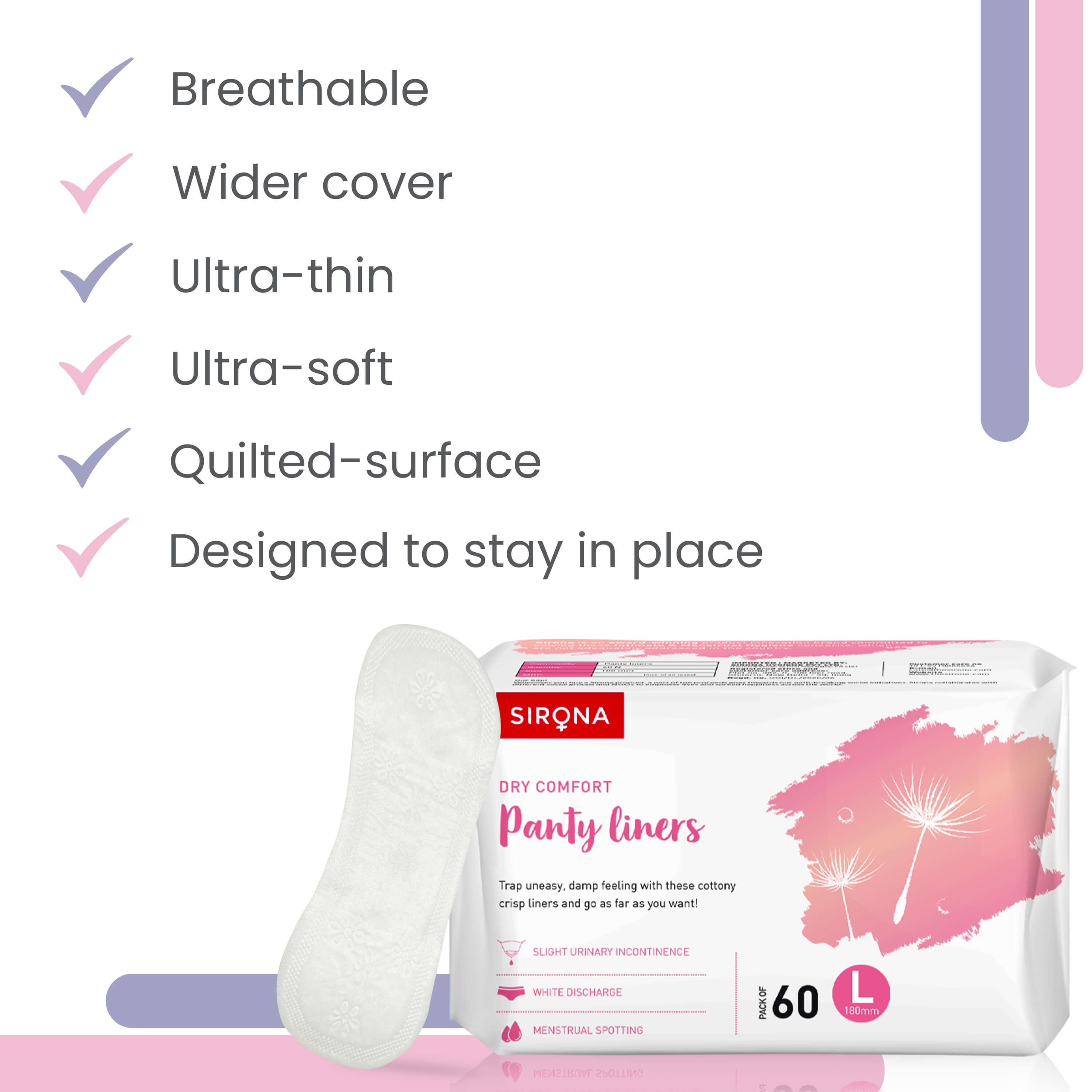 Sirona Ultra-Thin Panty Liners - Large | Panty Liner Pads for Women, Toxin Free, Leak proof, Up to 8 Hr Protection, G.O.T.S. Certified - (Pack of 60)