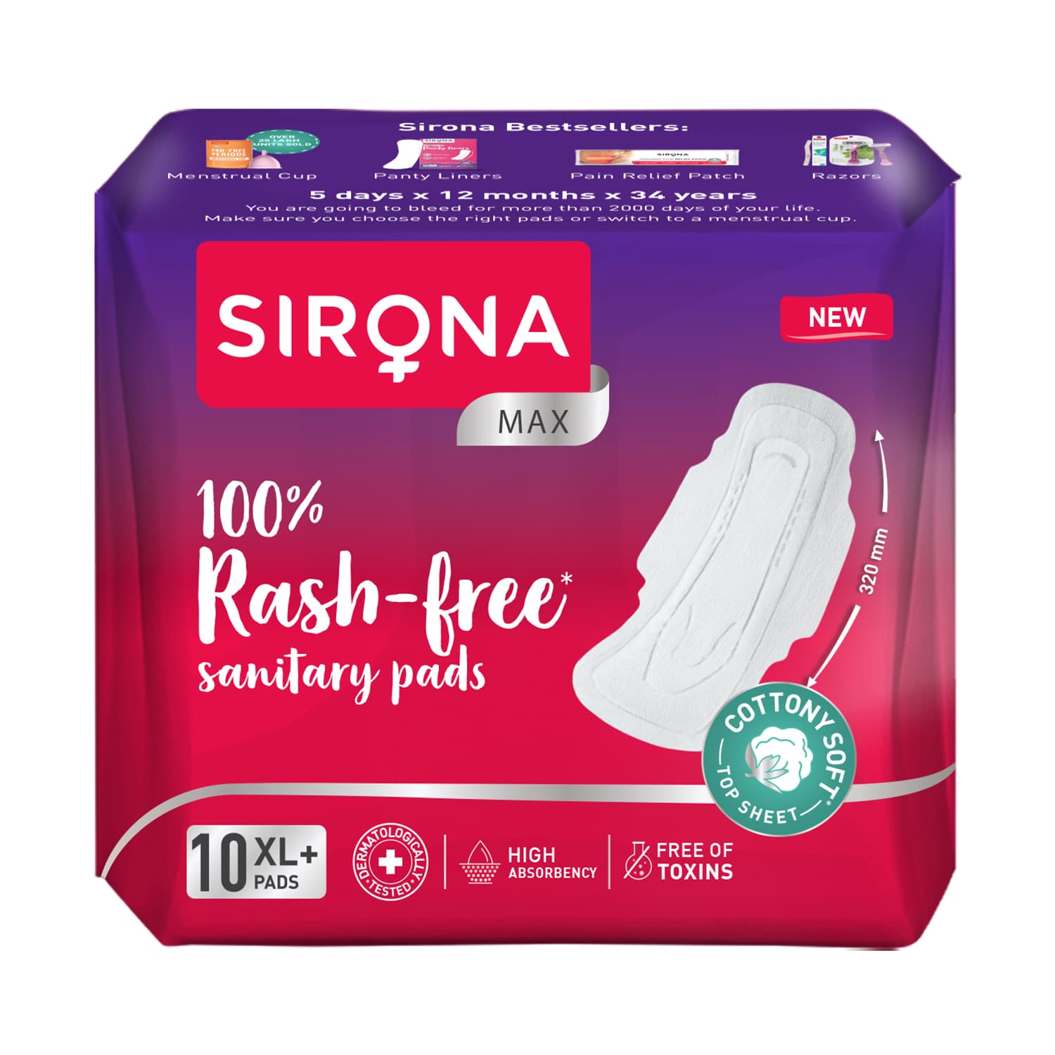 100% Rash Free Sanitary Pads for Women (XL+), 10 Disposable Pads For Heavy Flow, Cottony Soft Top Sheet, Leakage Proof, Toxin Free Napkins