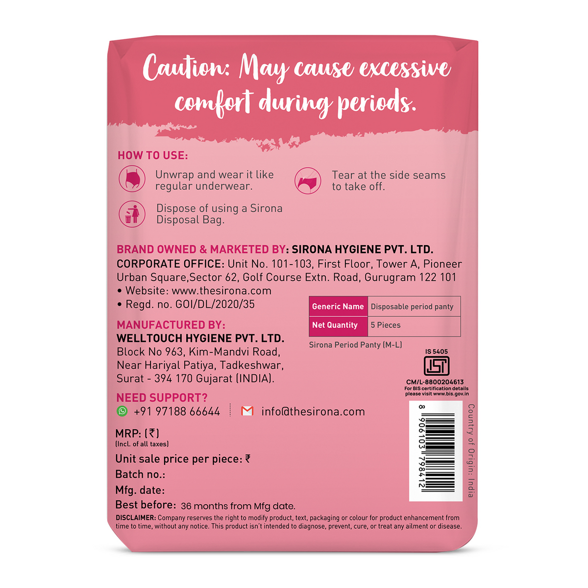 Sirona Disposable Period Panties Comfort + M-L pack of 5