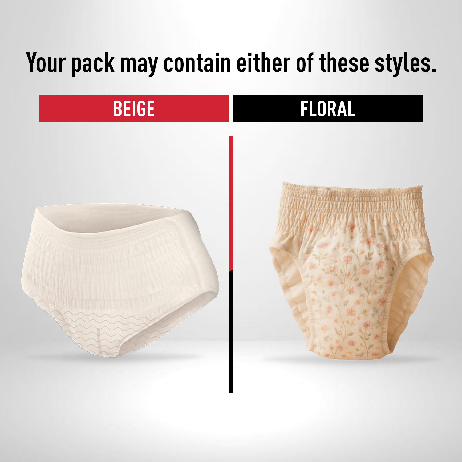 Two types of underwear, beige and floral, on a gray background with text indicating possible contents