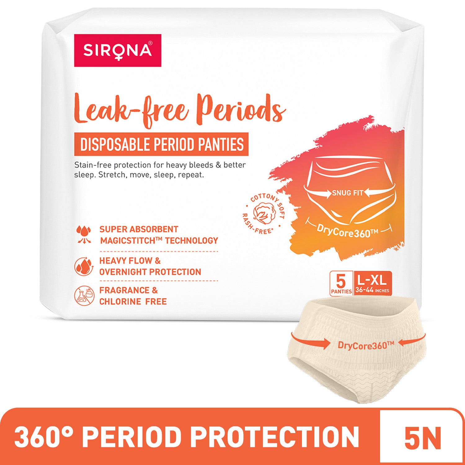 Sirona disposable period panties packaging with product details on a white background