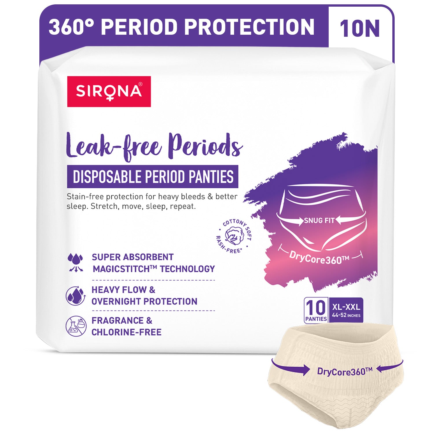Sirona disposable period panties packaging with a small sample panties displayed below on a white background
