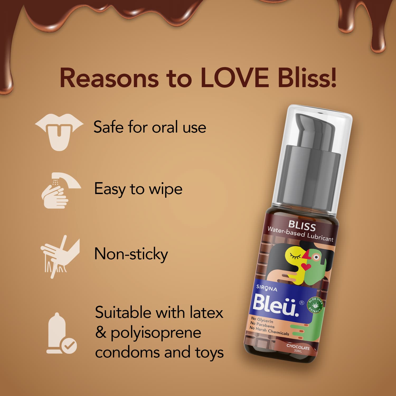 Bleu Bliss Lubricant - Chocolate Flavour | 100% Water-based Lube | Aloe Vera & Cucumber Extracts | Paraben-free | No harsh chemicals - 50ml