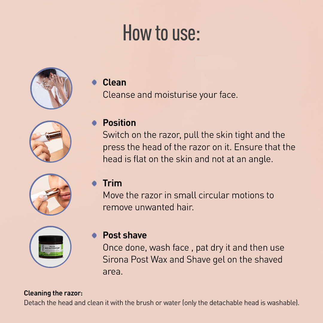 Sirona Electric Facial Razor for Women | Hair Removal Razor for Face, 360 Degree Precision Trim, Built-in Light, Battery Operated, Travel friendly, For All Skin Types