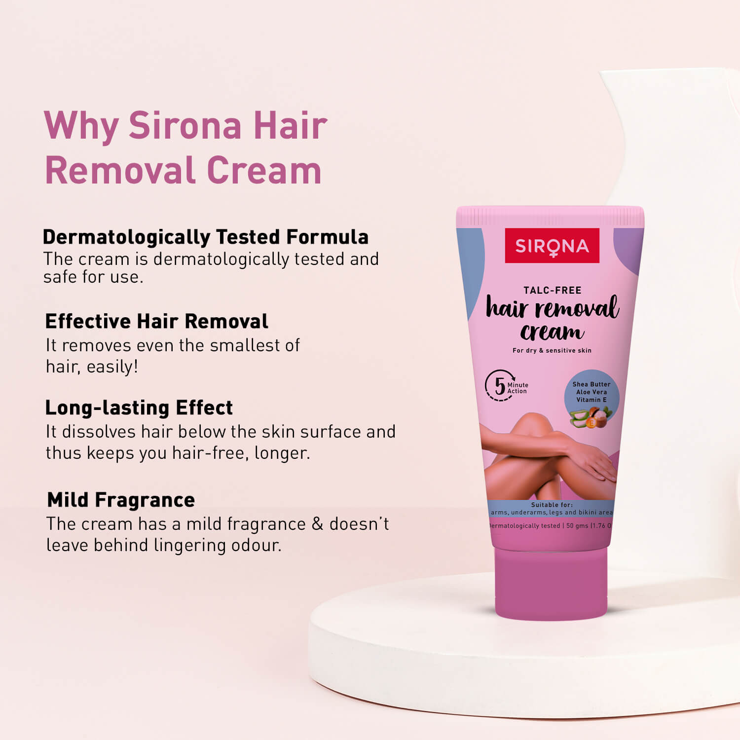 Sirona Talc Free Hair Removal Cream for Dry & Sensitive Skin | Enriched with Shea Butter, Aloe Vera & Vitamin E, Hair Removal Cream for Bikini Line, Underarm, Legs - 50gm