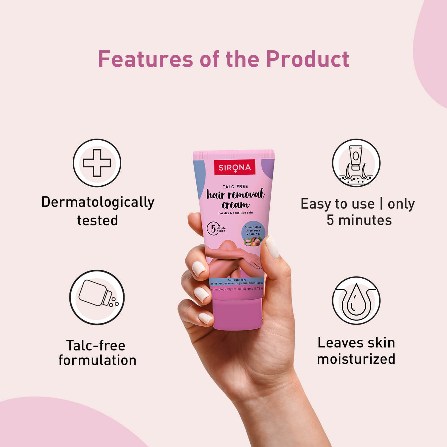 Sirona Talc Free Hair Removal Cream for Dry & Sensitive Skin | Enriched with Shea Butter, Aloe Vera & Vitamin E, Hair Removal Cream for Bikini Line, Underarm, Legs - 50gm