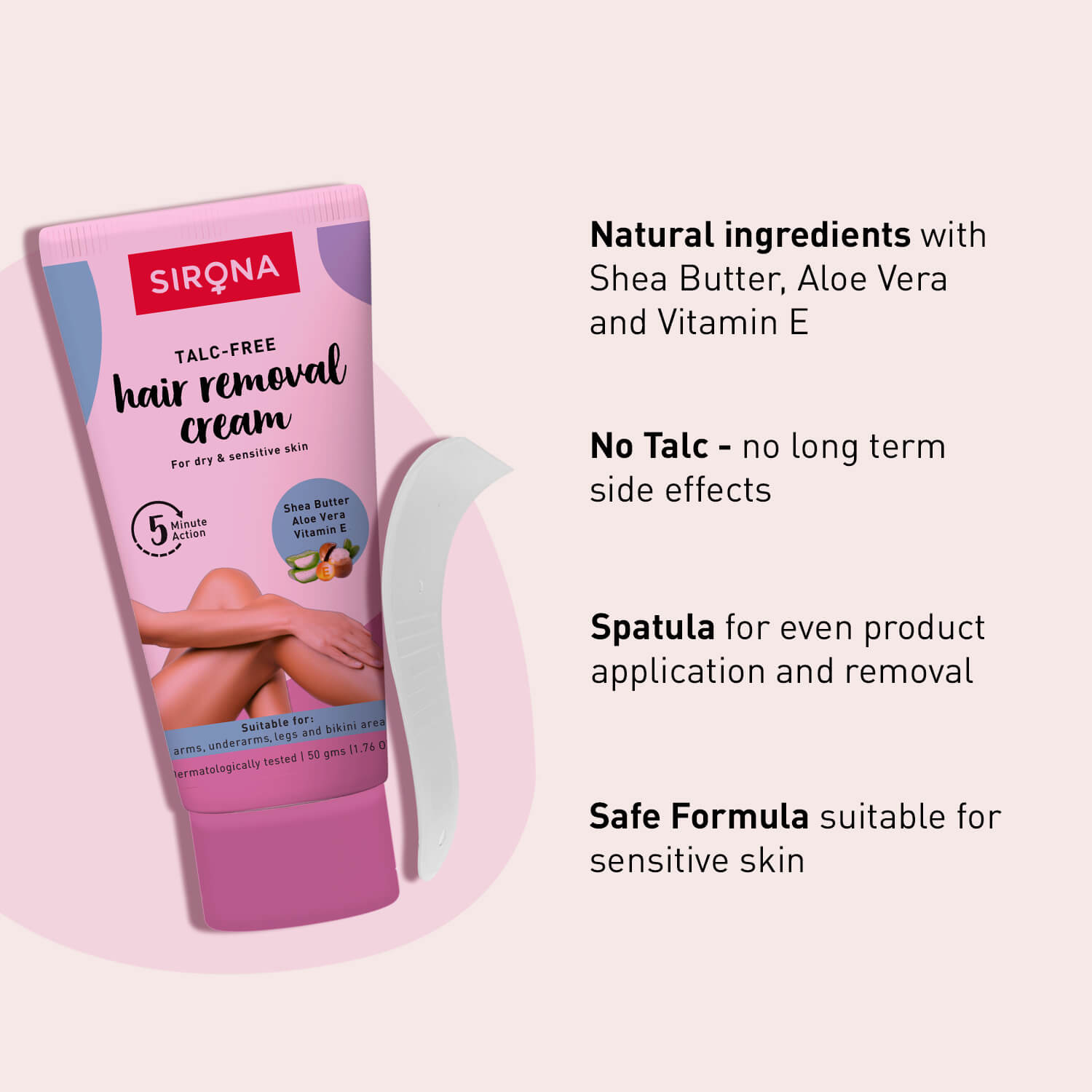 Sirona Talc Free Hair Removal Cream for Dry & Sensitive Skin | Enriched with Shea Butter, Aloe Vera & Vitamin E, Hair Removal Cream for Bikini Line, Underarm, Legs - 50gm