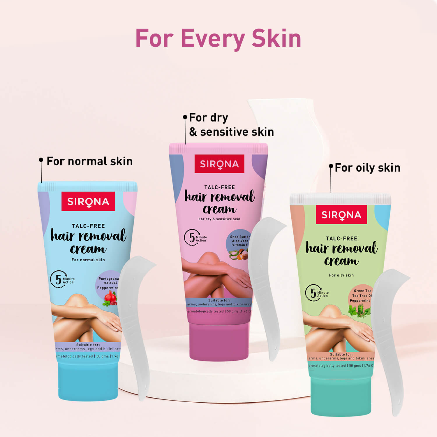 Sirona Talc Free Hair Removal Cream for Dry & Sensitive Skin | Enriched with Shea Butter, Aloe Vera & Vitamin E, Hair Removal Cream for Bikini Line, Underarm, Legs - 50gm