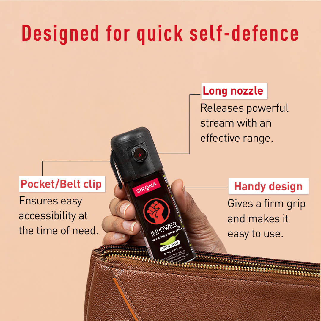 Sirona IMPOWER Self Defence Pepper Spray for Woman - Green Chilli | 12 Feet Range, Effect for 45 Mins, Non-Toxic, Pocket Size, One Hand Use - (55ml)