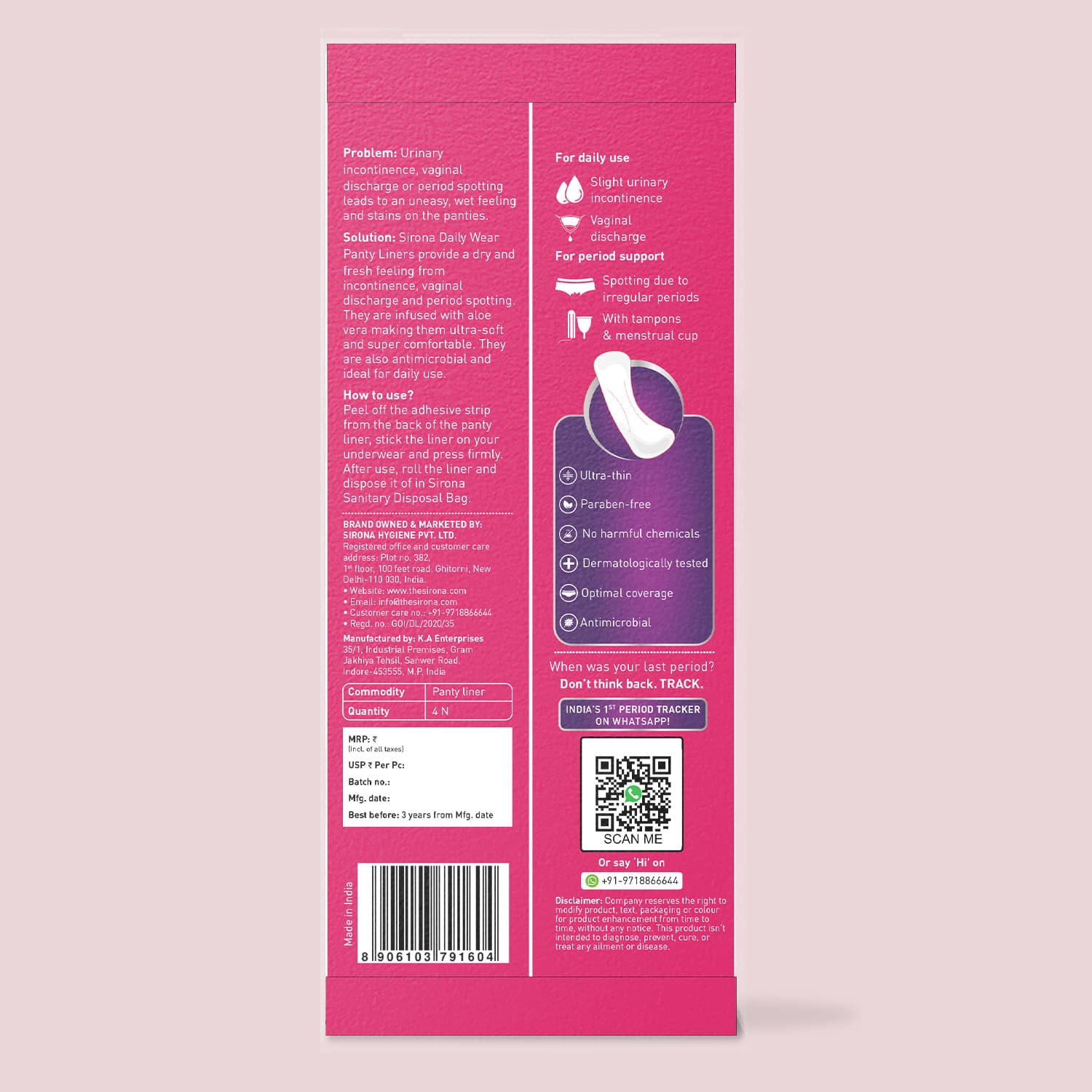 Sirona Dry Comfort Daily Use Panty Liners | Cotton Panty Liner Pads for Women, Leakproof, Toxin Free, Up to 8 Hr Protection - 4 Liners