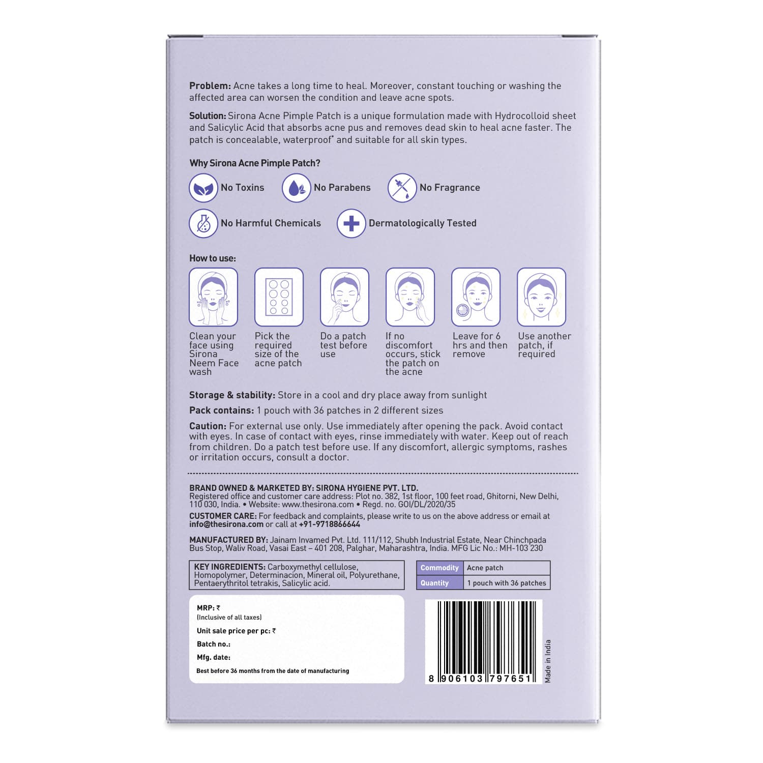 Anti Acne Pimple Patch For Face | Salicylic & Hydrocolloid Patches | Invisible, Concealable, Waterproof | All Skin Types | 36 patches | 2 sizes