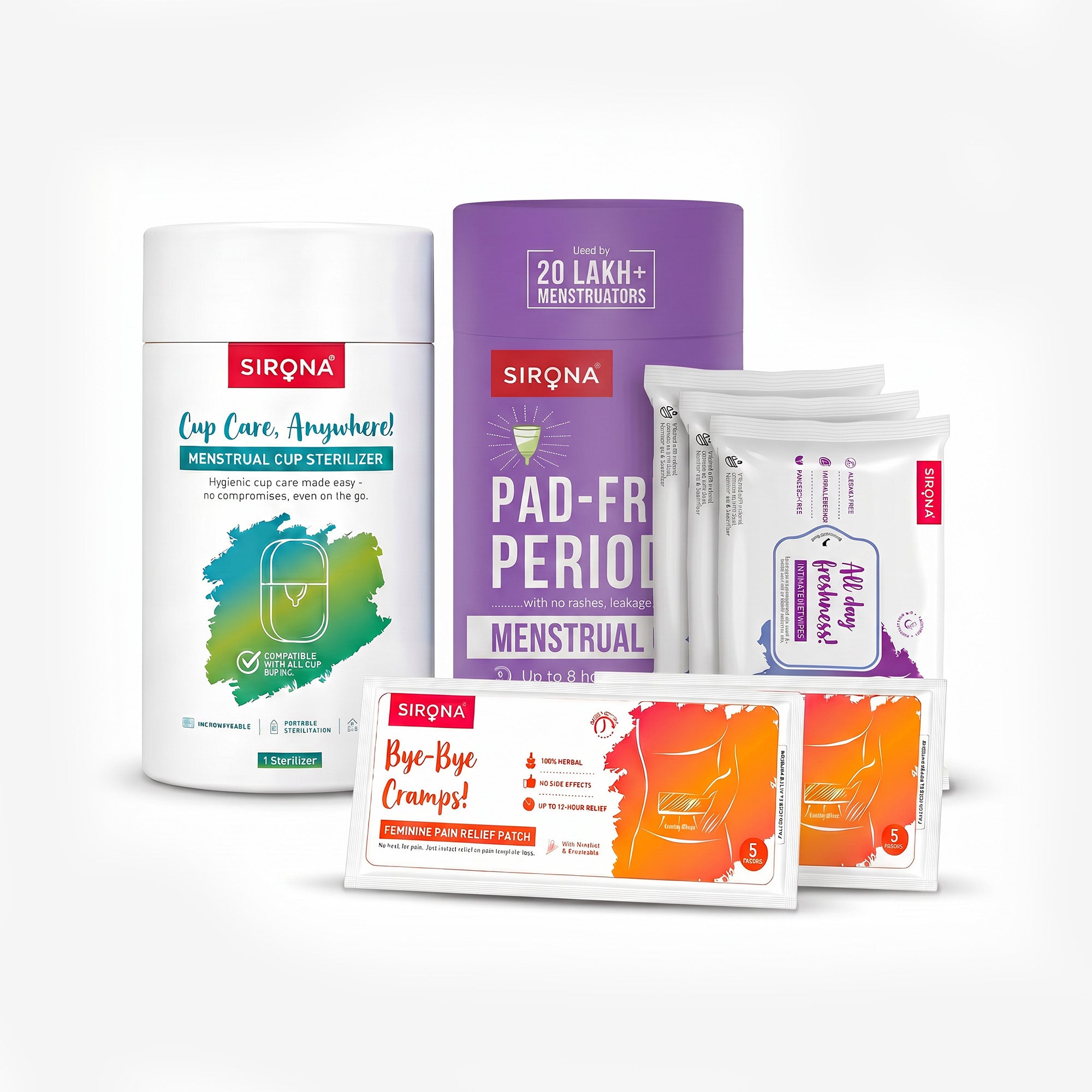 Menstrual Cup | Portable Sterilizer | Pain Relief Patches | Intimate Wet Wipes Combo