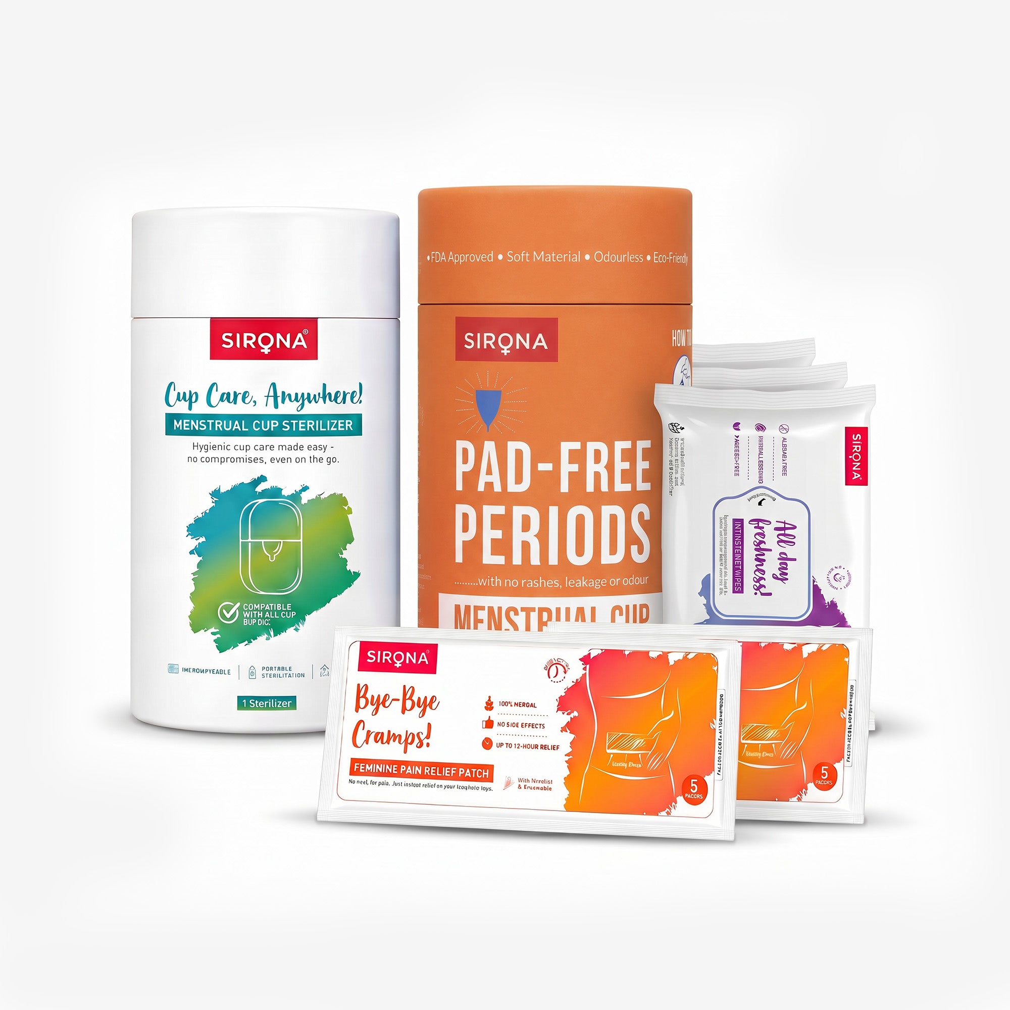 Menstrual Cup | Portable Sterilizer | Pain Relief Patches | Intimate Wet Wipes Combo