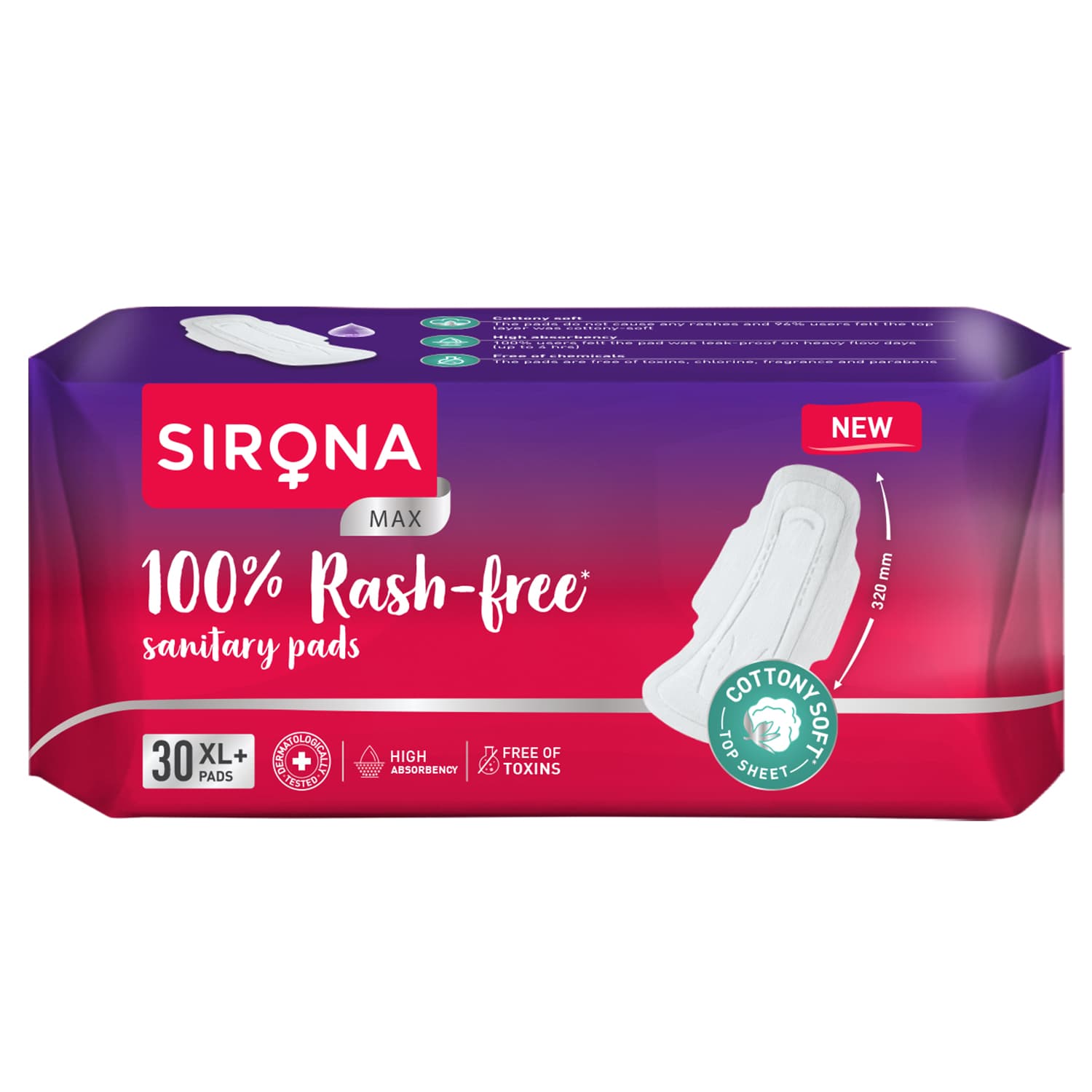 100% Rash Free Sanitary Pads for Women (XL+), 30 Disposable Pads For Heavy Flow, Cottony Soft Top Sheet, Ultra Soft & LeakProof, Toxin Free Napkins