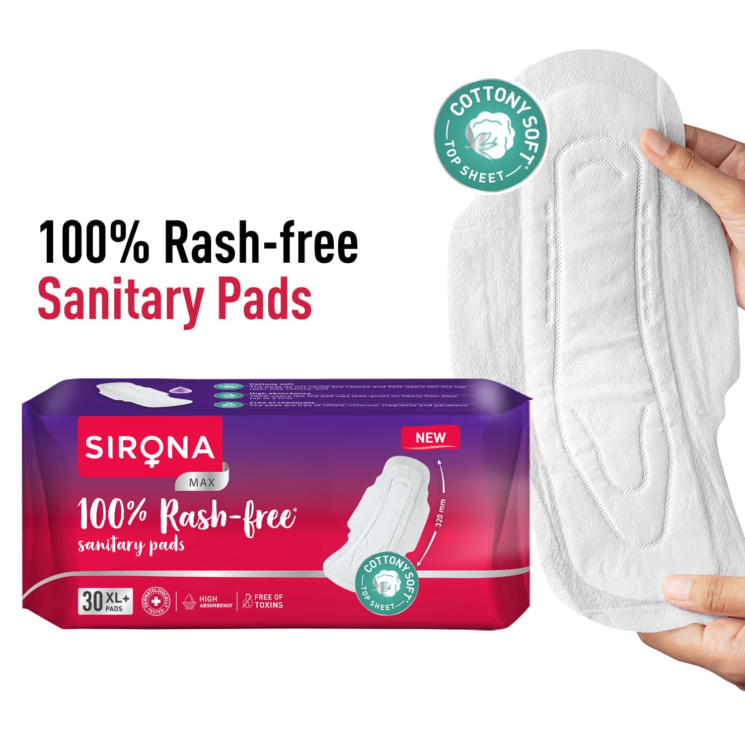 100% Rash Free Sanitary Pads for Women (XL+), 30 Disposable Pads For Heavy Flow, Cottony Soft Top Sheet, Ultra Soft & LeakProof, Toxin Free Napkins