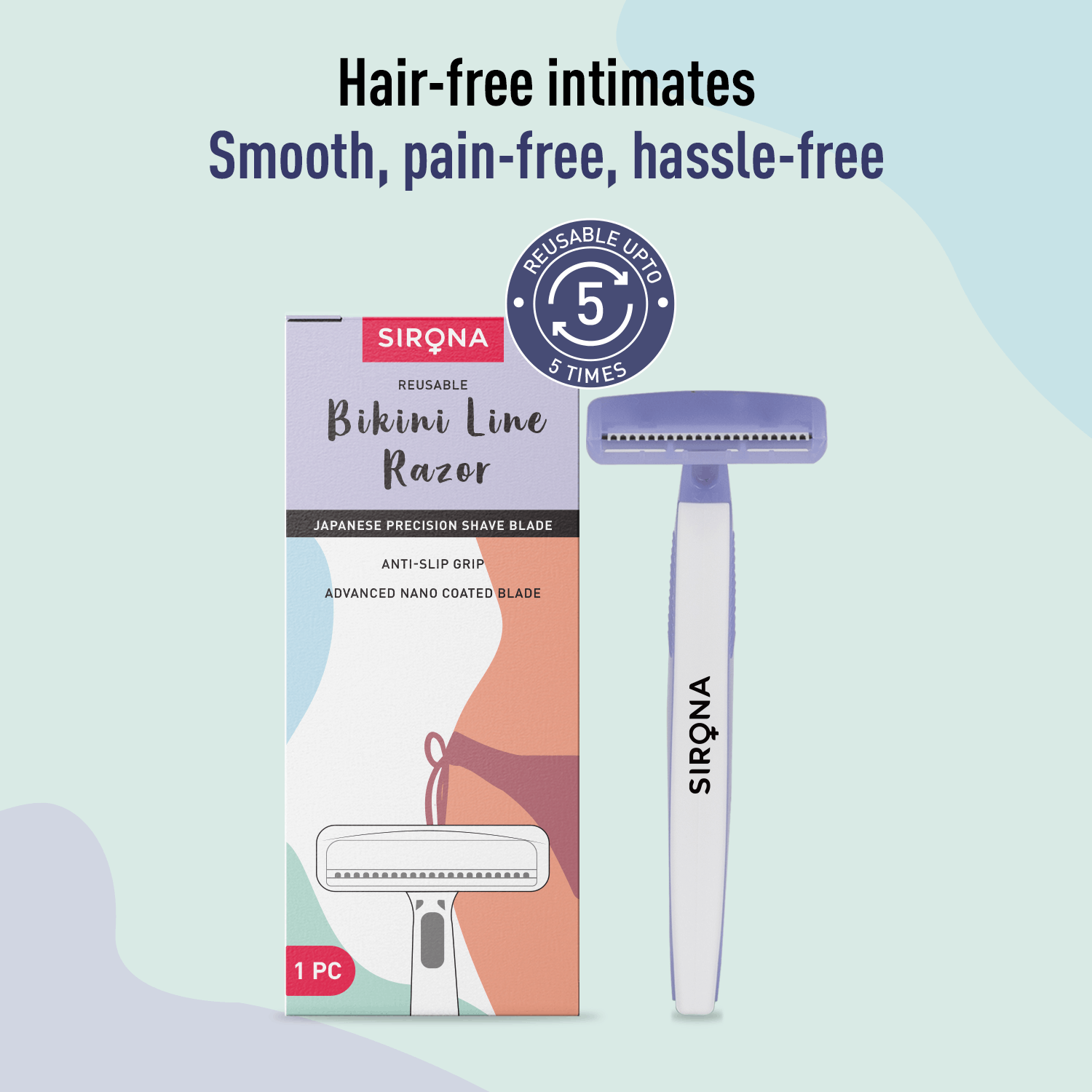 Sirona Reusable Bikini Hair Removal Razor for Women | Japanese precision shave | Nano-blade technology | Chromium & PTFE-coated | (Pack of 1)