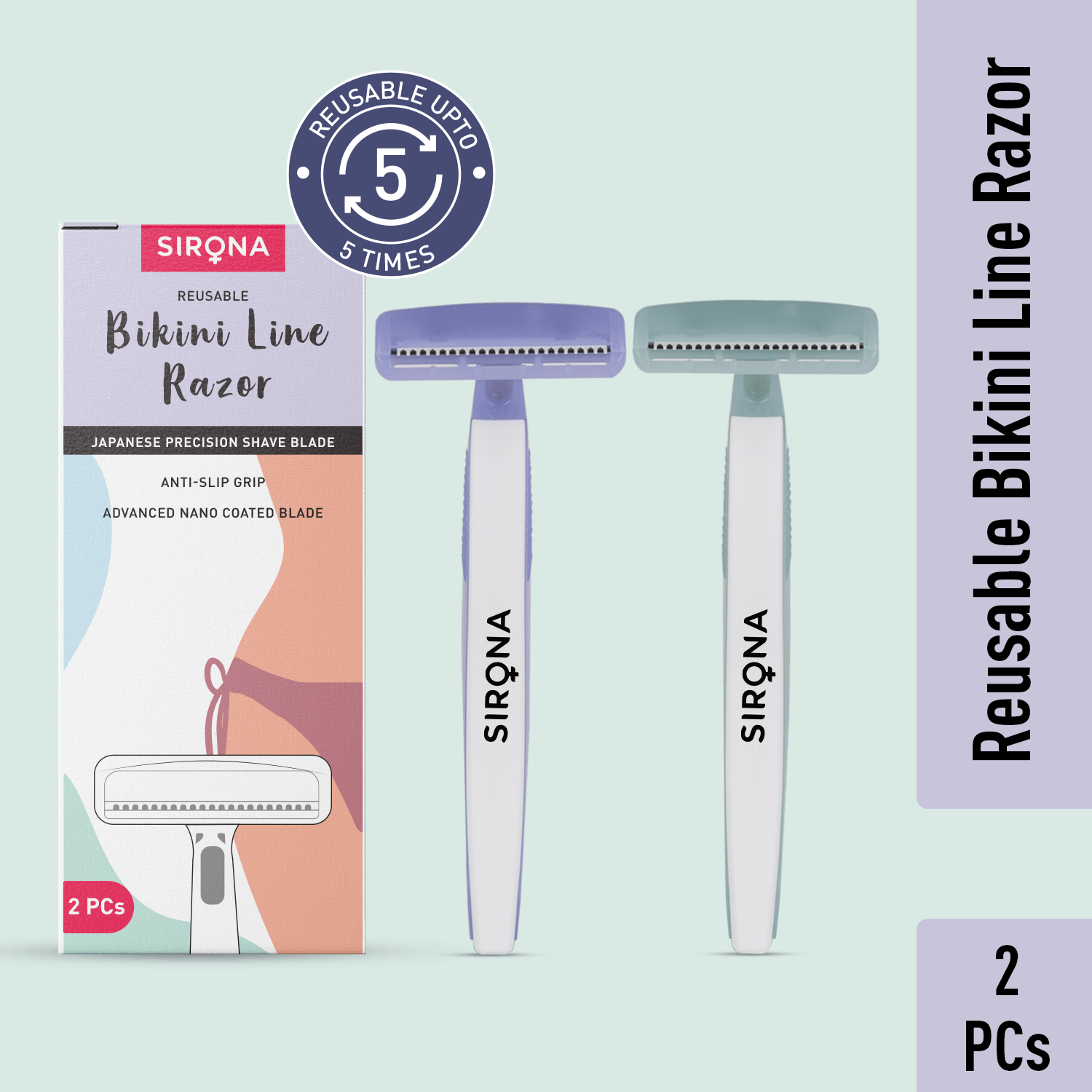 Sirona Reusable Bikini Hair Removal Razor for Women | Japanese precision shave | Nano-blade technology | Chromium & PTFE-coated | (Pack of 2)