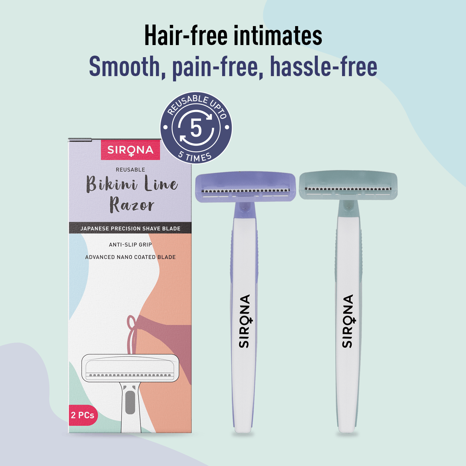 Sirona Reusable Bikini Hair Removal Razor for Women | Japanese precision shave | Nano-blade technology | Chromium & PTFE-coated | (Pack of 2)