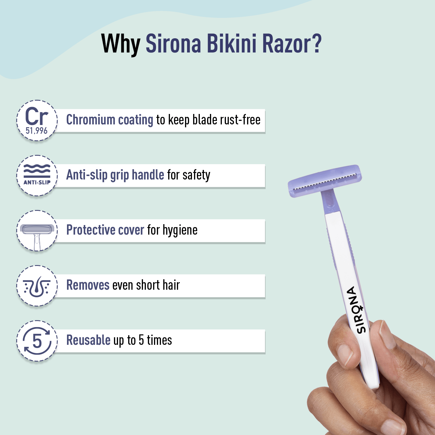 Sirona Reusable Bikini Hair Removal Razor for Women | Japanese precision shave | Nano-blade technology | Chromium & PTFE-coated | (Pack of 2)