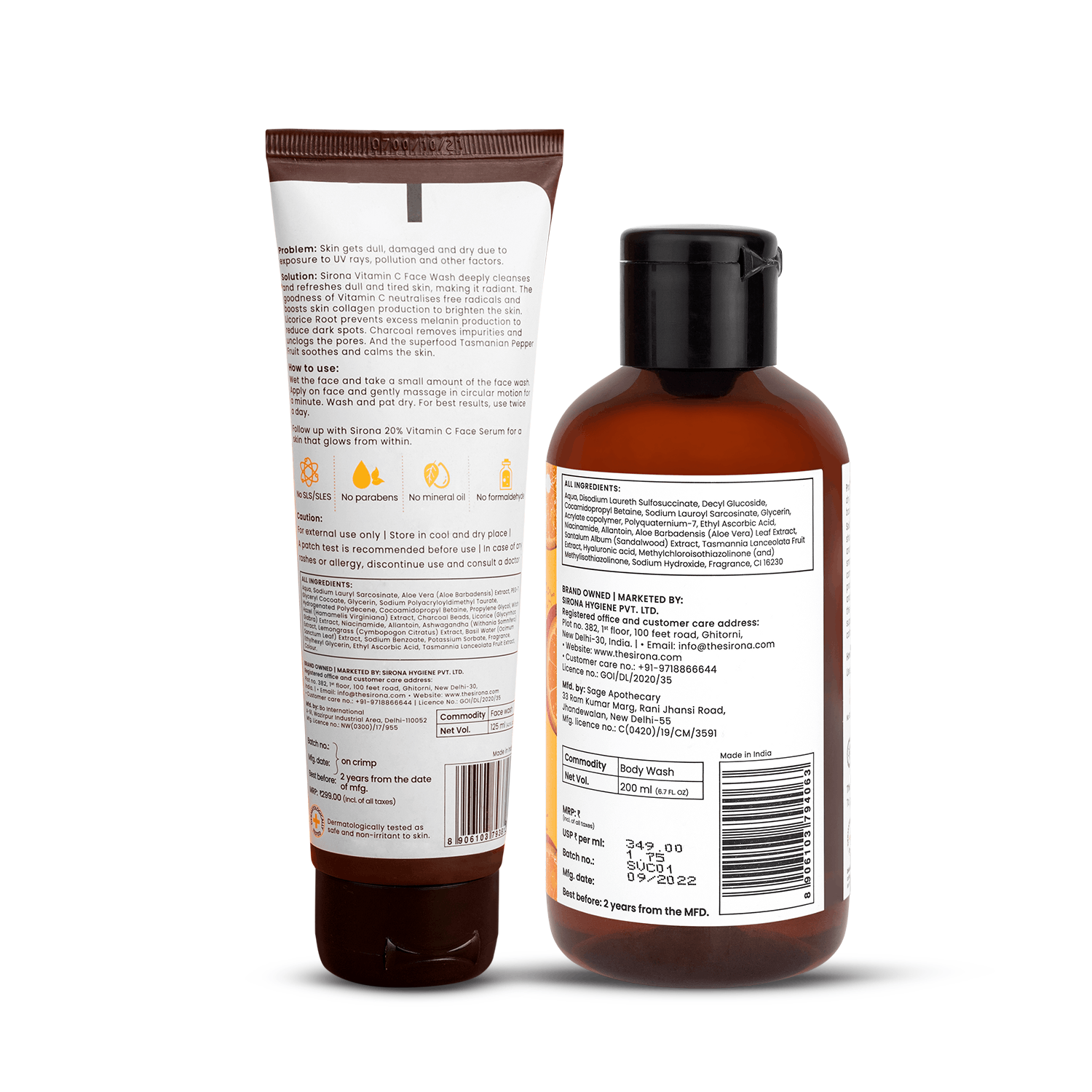 Sirona Revive and Brighten duo - Body Wash & Face Wash, Vitamin C Personal Care Combo For All Skin Types, Removes Impurities, Enhance Radiance