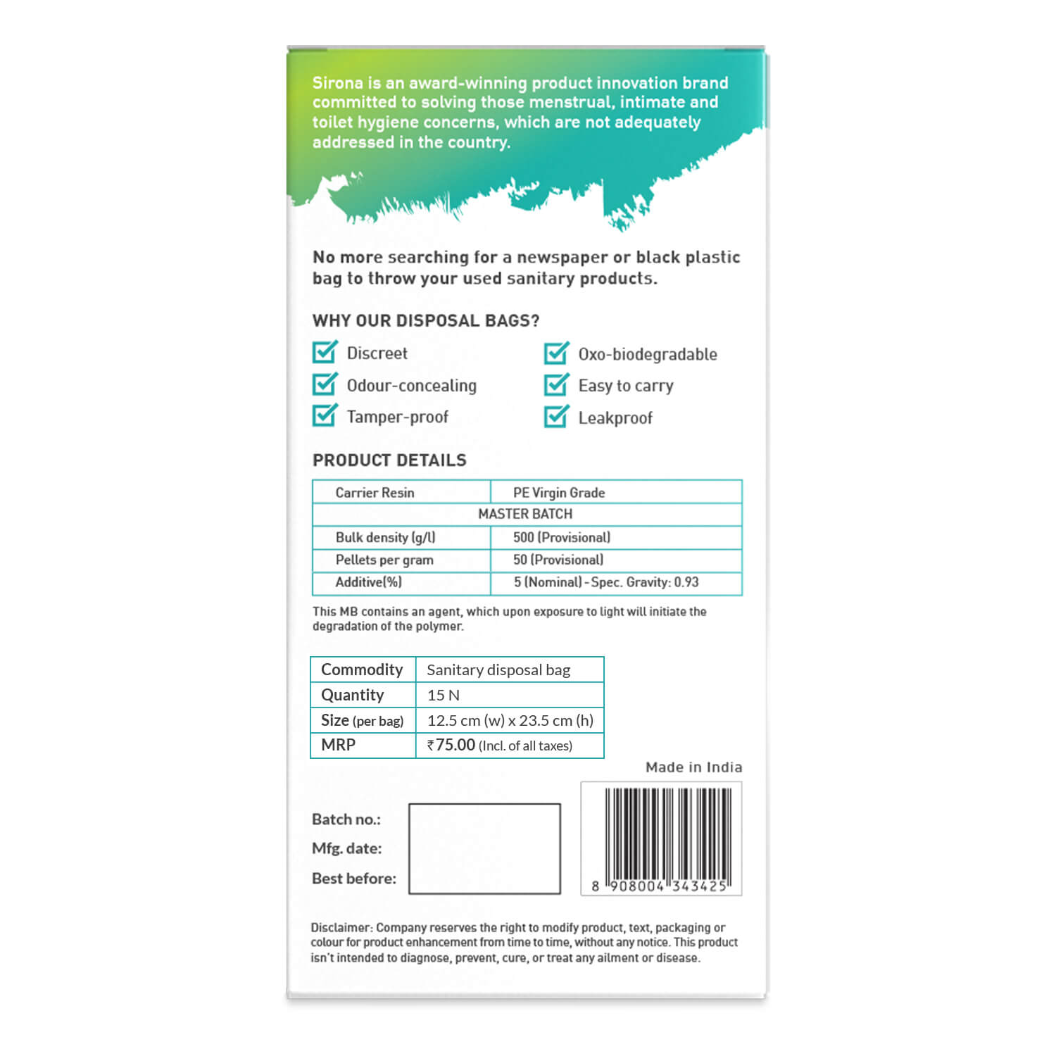 Sirona Sanitary and Diapers Disposal Bags | Bags for Disposal of Intimate Products, Oxo-Biodegradable, Odour-Concealing, Leak-Proof, Easy to Carry - 15 Bags