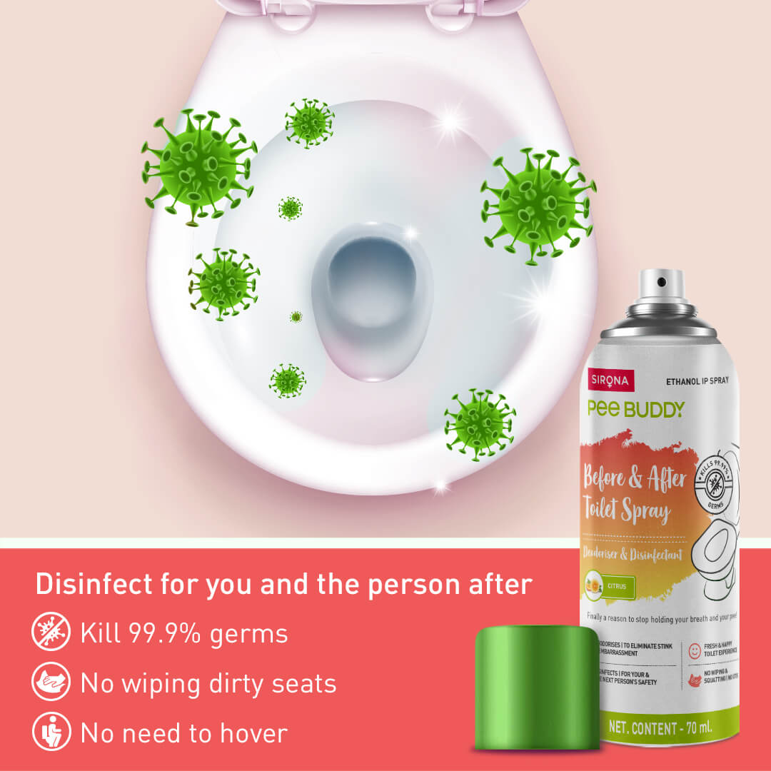 PeeBuddy Toilet Seat Sanitizer Spray, Before & After Toilet Spray, Deodorizer and Disinfectant, Kills 99.9% Germs, Used on Multiple Surfaces, Citrus - 70 ml