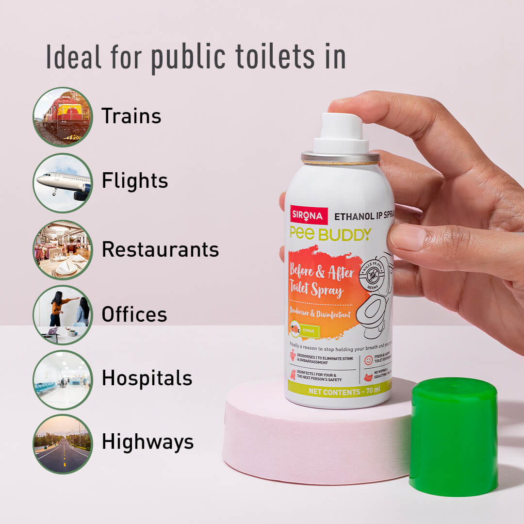 PeeBuddy Toilet Seat Sanitizer Spray, Before & After Toilet Spray, Deodorizer and Disinfectant, Kills 99.9% Germs, Used on Multiple Surfaces, Citrus - 70 ml