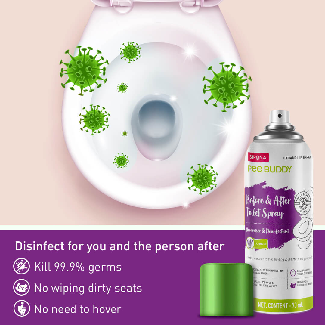 PeeBuddy Toilet Seat Sanitizer Spray, Before & After Toilet Spray, Deodorizer and Disinfectant, Kills 99.9% Germs, Lavender Spritz - 70 ml